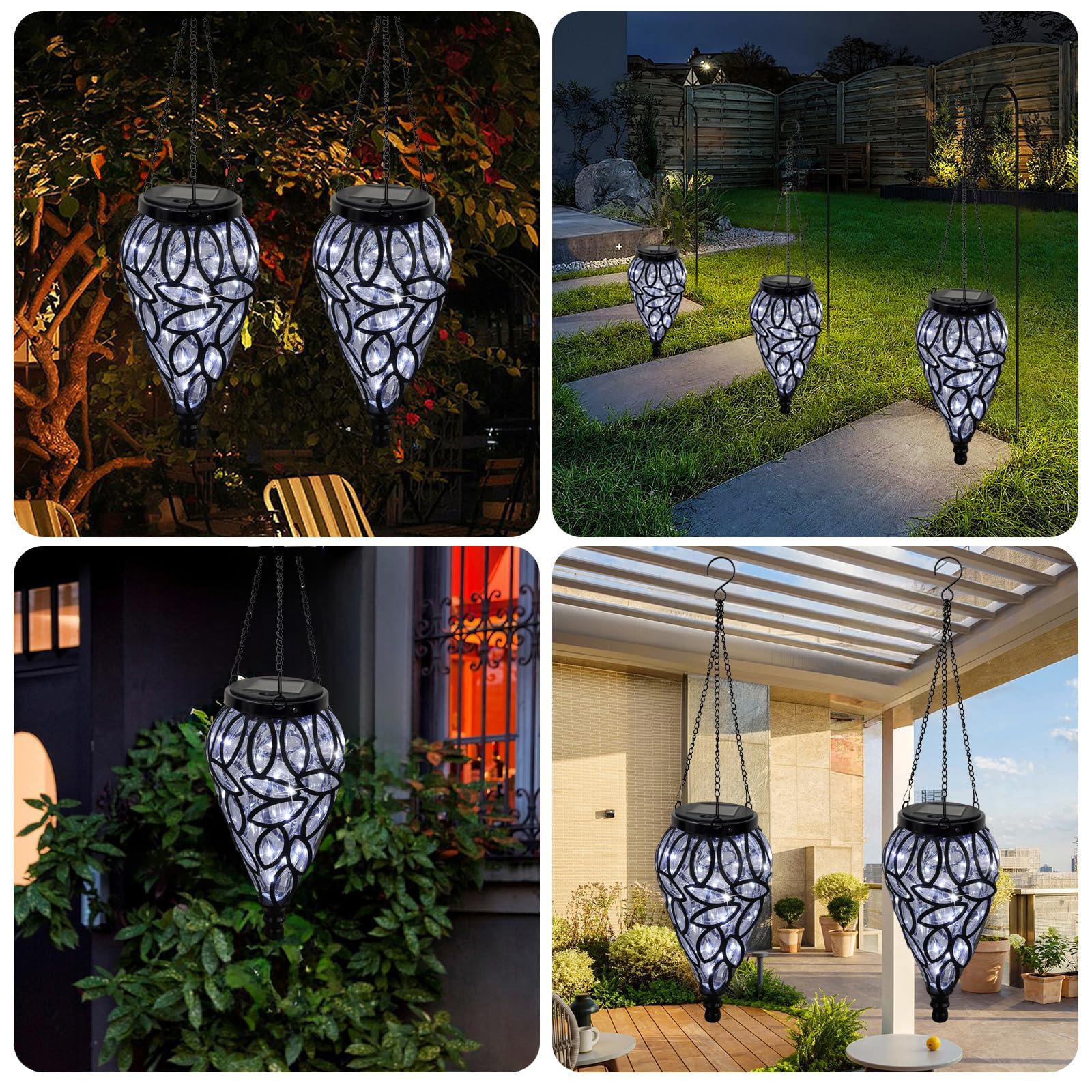 Solar-Hängelaterne für den Außenbereich, Solarlaternen, dekorativ, für den Außenbereich, reißförmig, 15 LEDs, kaltweiß, Hängeleuchten mit S-Haken, Dekoration im Garten, Hof, Weg, transparent