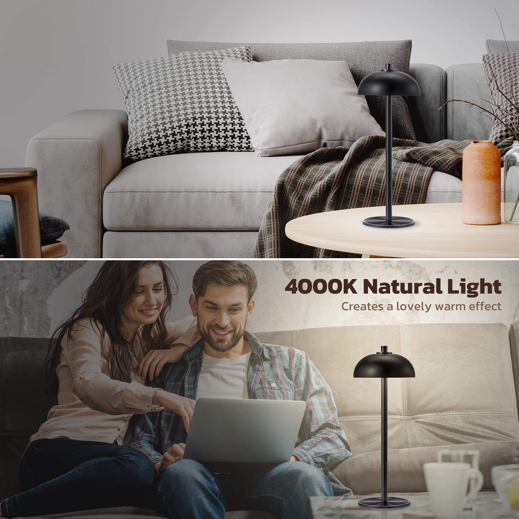Lampada da tavolo senza fili ricaricabile, 5000 mAh, lampada da tavolo a LED dimmerabile in 3 colori, con funzione di memoria, per interni, esterni, cene, casa, ristorante, (nero)