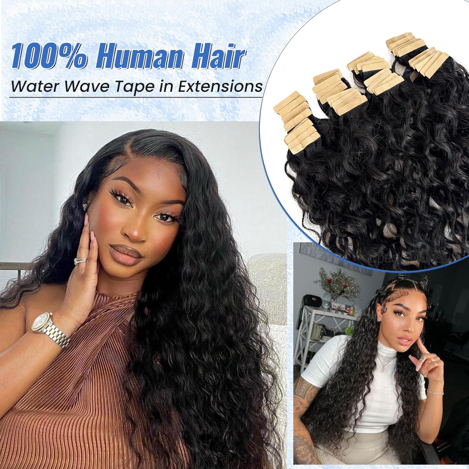 24 Inch Invisible Tape in Hair Extension Real Human Hair Curly Tape in Extensions 100G 40PCS Double Sided Bouncy Curly Water Wave Tape ins Human Hair Extension Black #1B Natural Color