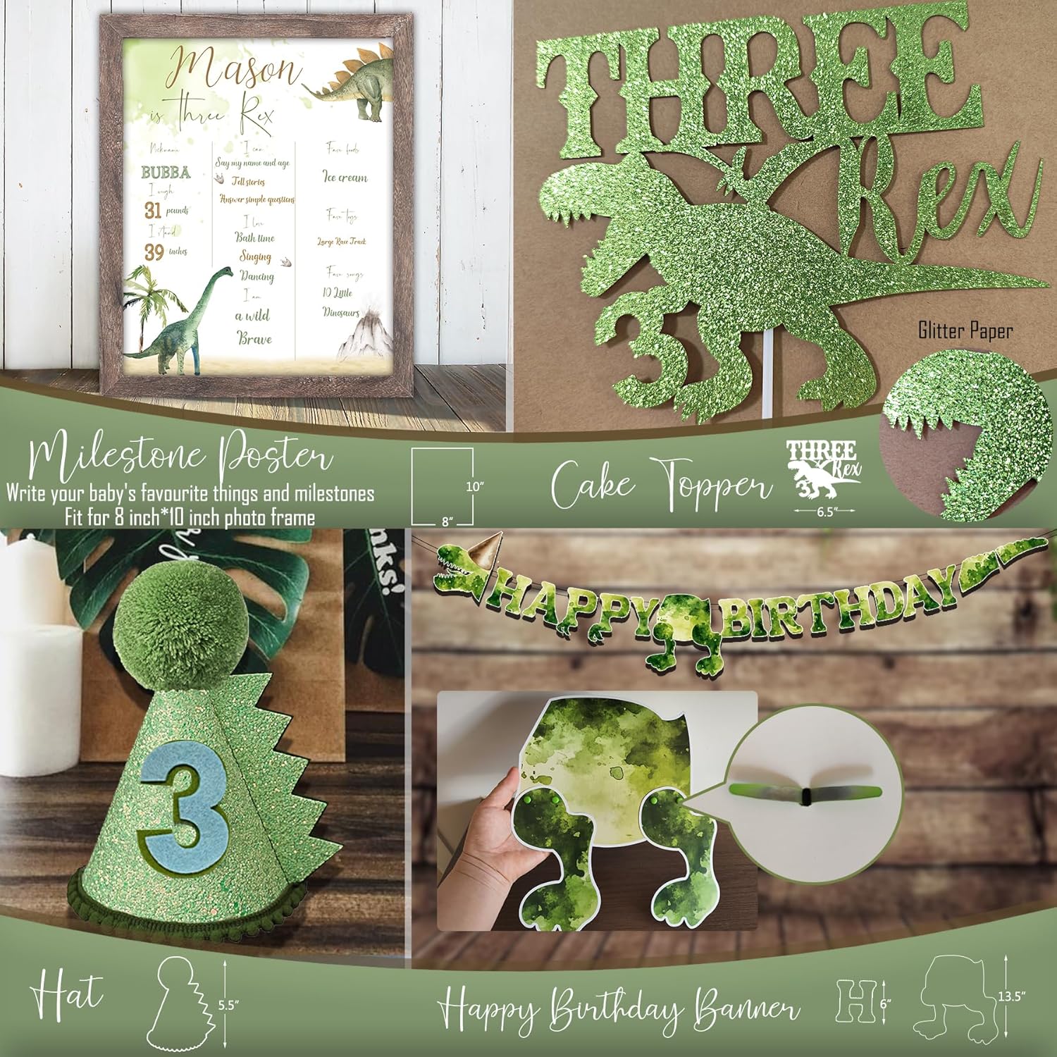 Three Rex Birthday Party Decorations Boy, Dinosaur 3rd Birthday Party Supplies, Three Rex Backdrop Tablecloth Fringe Curtain Balloon Arch Cake Topper Birthday Banner Hat