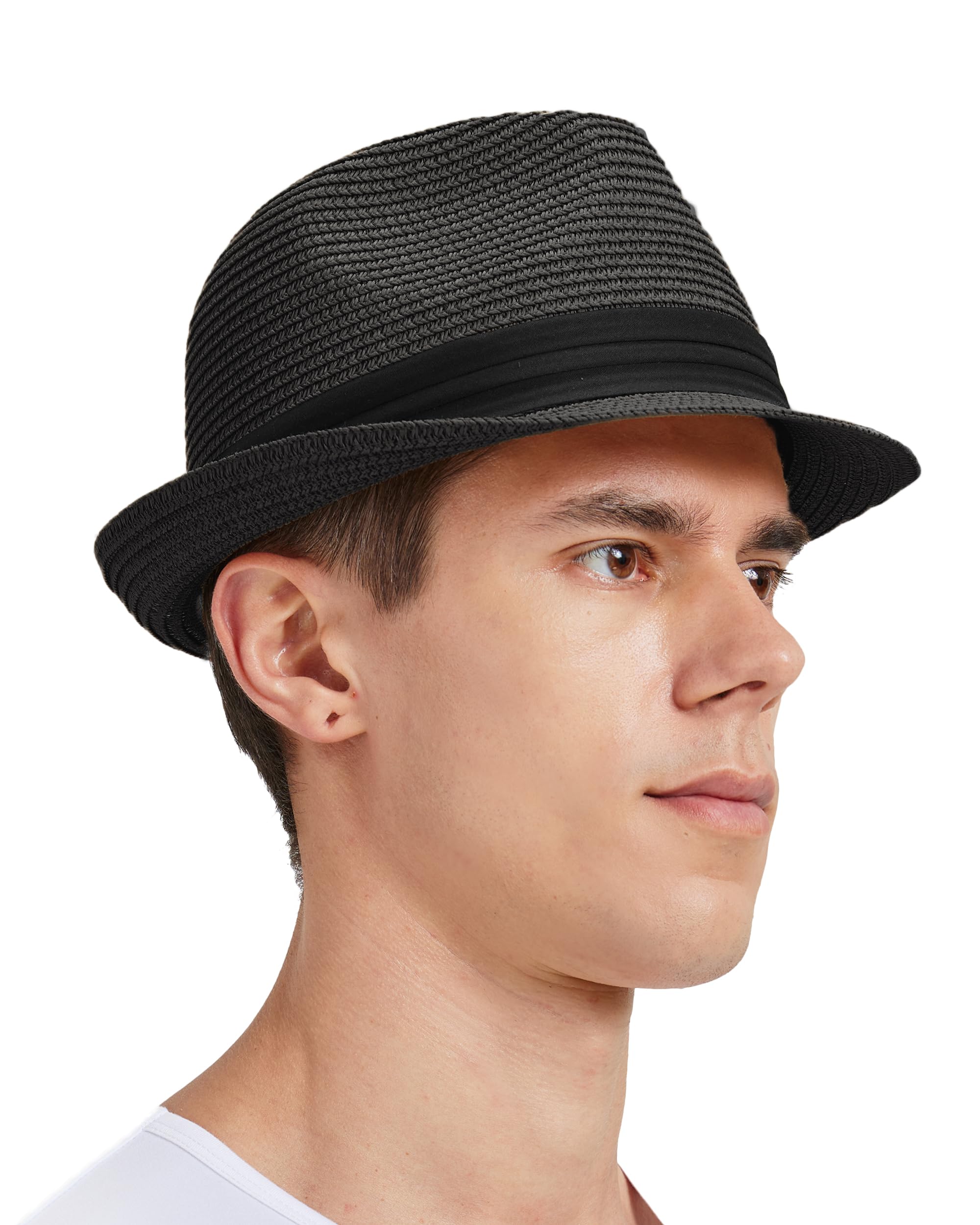 Zylioo S/M/L/XL/XXL Trilby Fedora Straw Hat for Large Head, Straw Sun Hat Men with Roll Up Brim, UV Protection, Summer Hat, Beach Hat