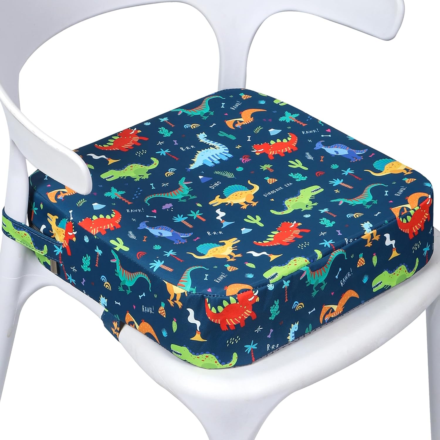 Toddler Booster Seat for Dining Table, Portable Kids Booster Seat with Safety Buckles, High Cushion for Travel with Non-Slip Bottom (Blue Dinosaur)