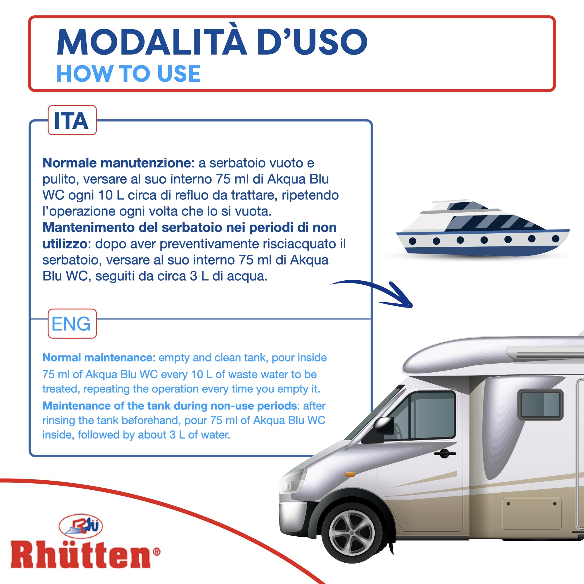 Rhutten, Akqua Blu Wc, Disgregante Wc Camper, Liquido Acque Nere, Acqua Blu, Wc Chimico, 2L