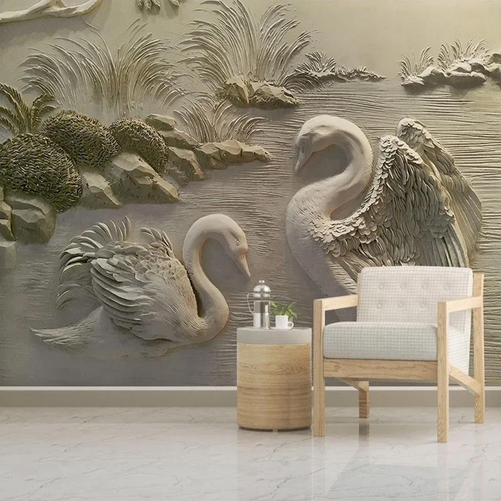 Jcsmkfq Wallpaper Self-Adhesive 3D Abstract Relief Swan Mural 3D Living Room Background Wall Bedroom Decorative Art Sticker
