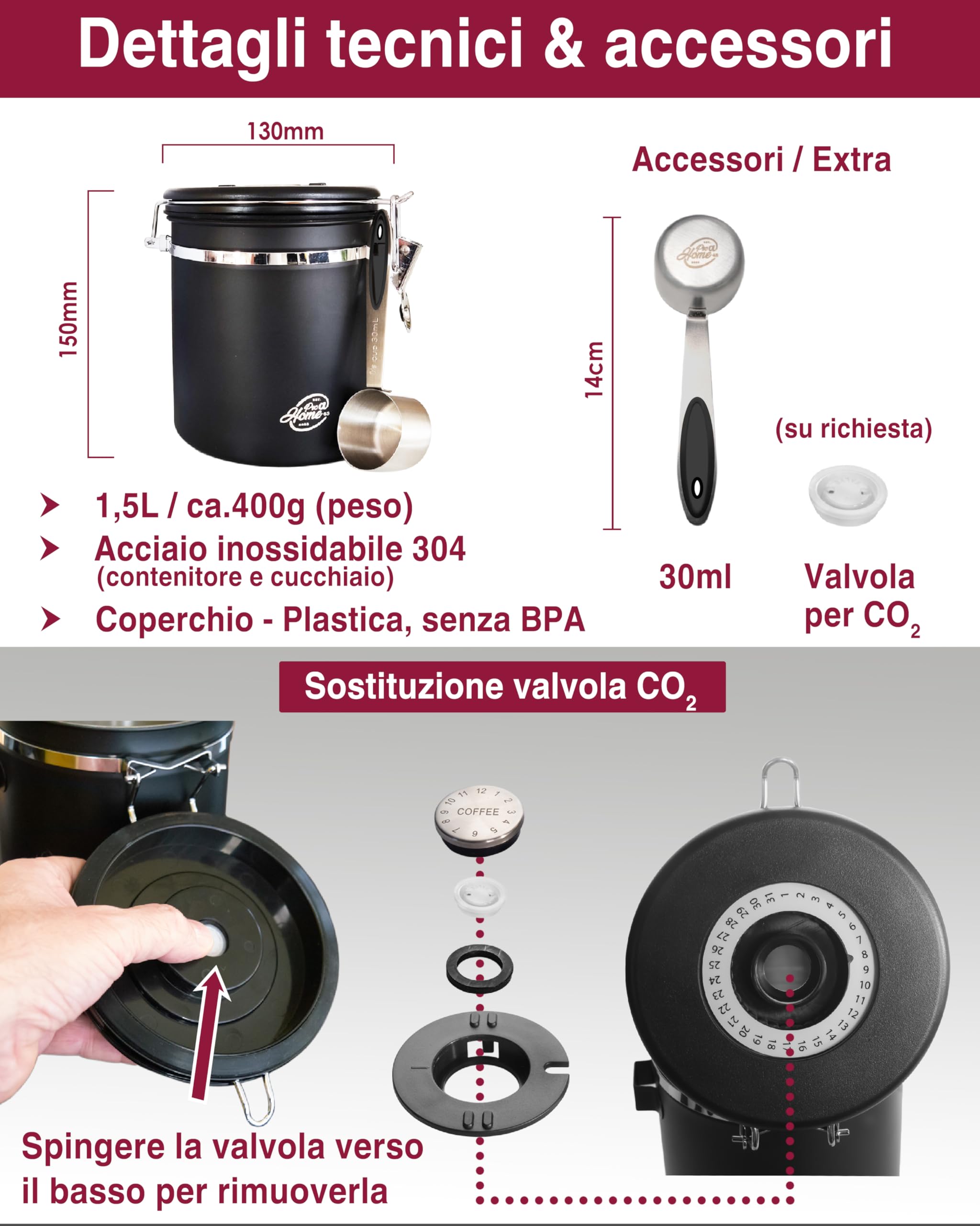 Barattolo Caffè Ermetico In Acciaio Inox 500g - Con Cucchiaio E Datario, Per Conservare Grani O Macinato - Foto 8