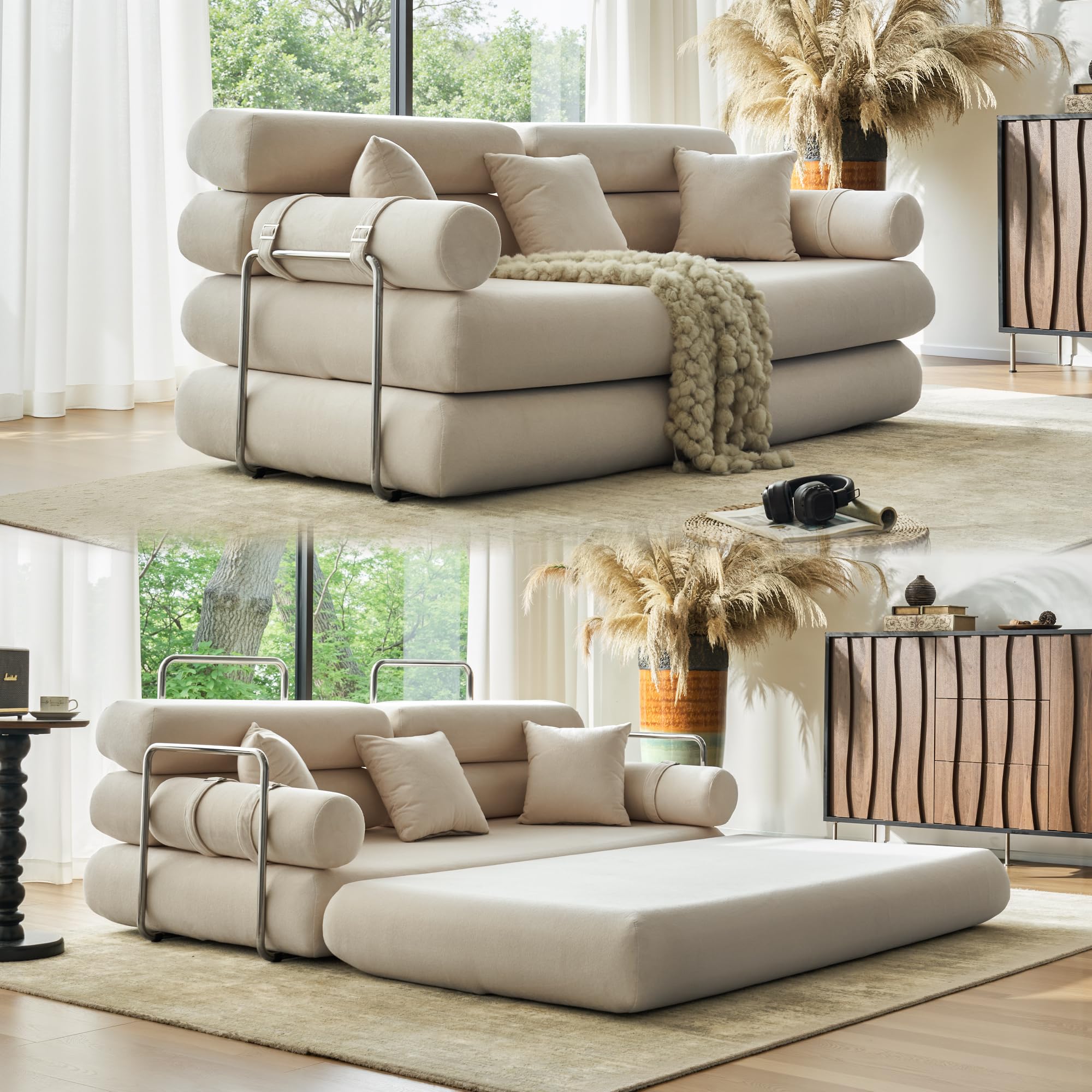YINIX Convertible Sleeper Sofa - 35'' High-Back Floor Couch Bed - Folding Sofa Bed with Rounded Arm Supports - Floor Sofa Lounge Sofa Bed for Living Room -: Beige