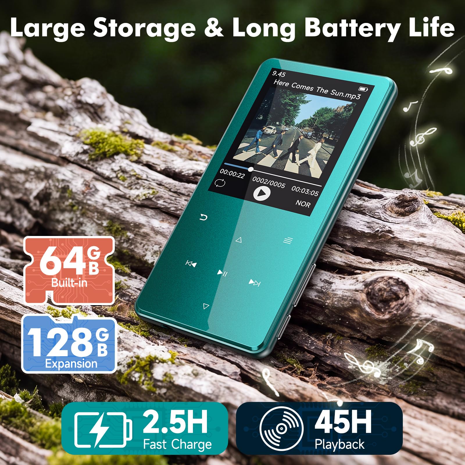 Lecteur MP3 Bluetooth 5.3 64Go écran 2,4" Touches tactiles Haut-Parleur