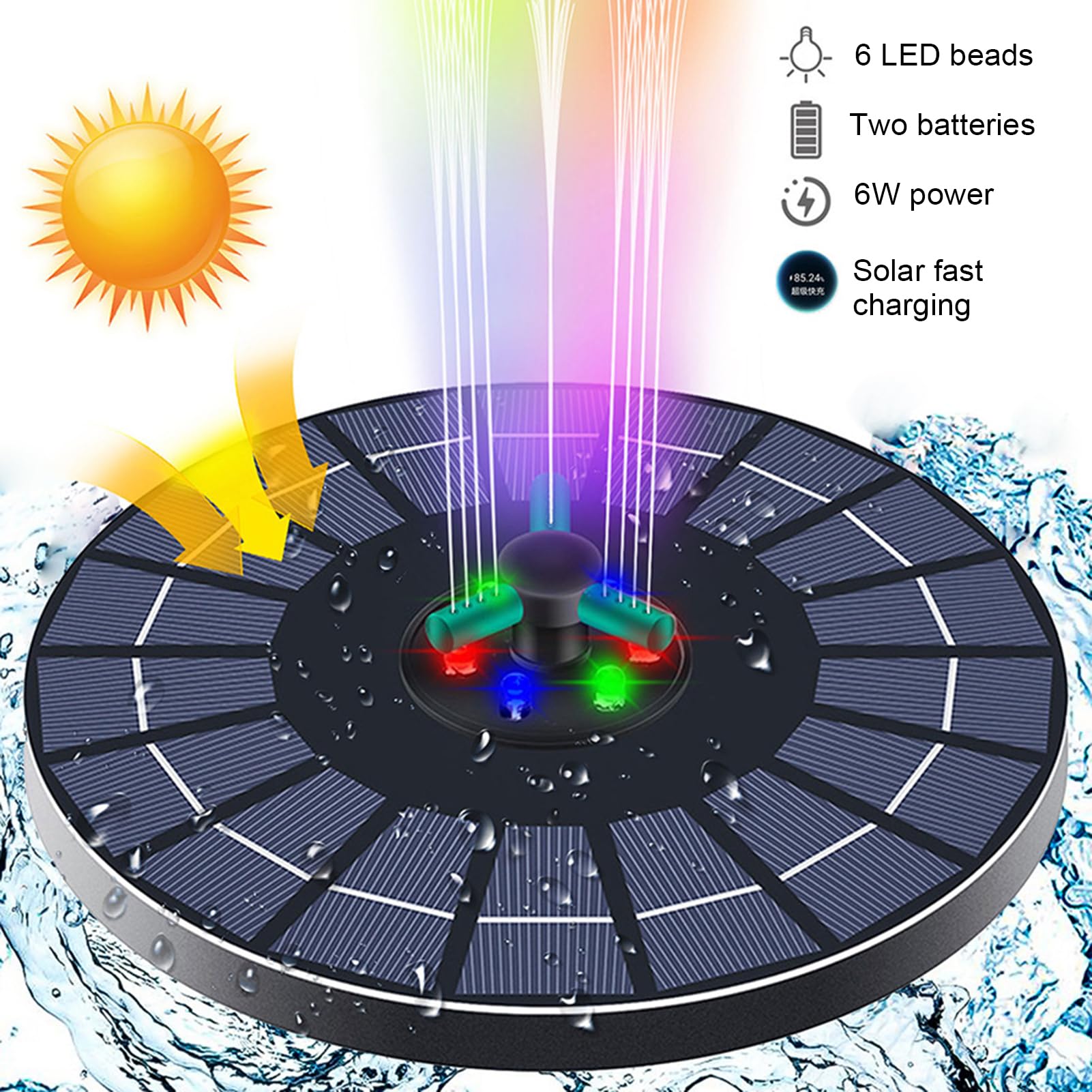 Fuente de Energía Solar, con Batería de 1500 MAh, Panel de Vidrio de 23 Cm, Altura de Rociado de 60 Cm, 7 Boquillas, Luces LED Que Cambian de Color para Jardín, Estanque, (6W Diámetro 23CM)