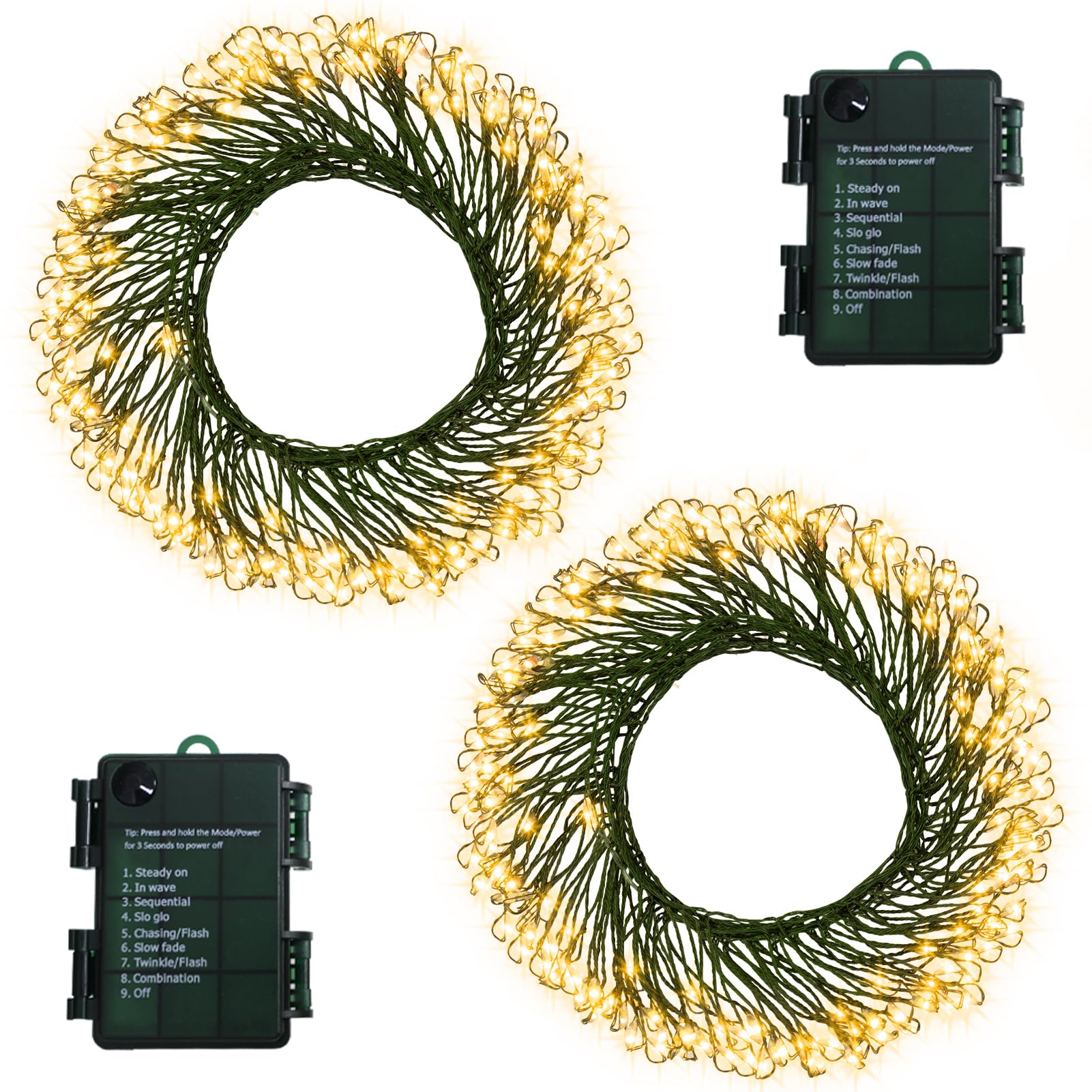 BSGlobal Confezione da 2 luci a grappolo a batteria, totale 400 luci LED di Natale con timer 8 modalità, filo di rame verde scuro per decorazioni per albero di Natale (bianco caldo)