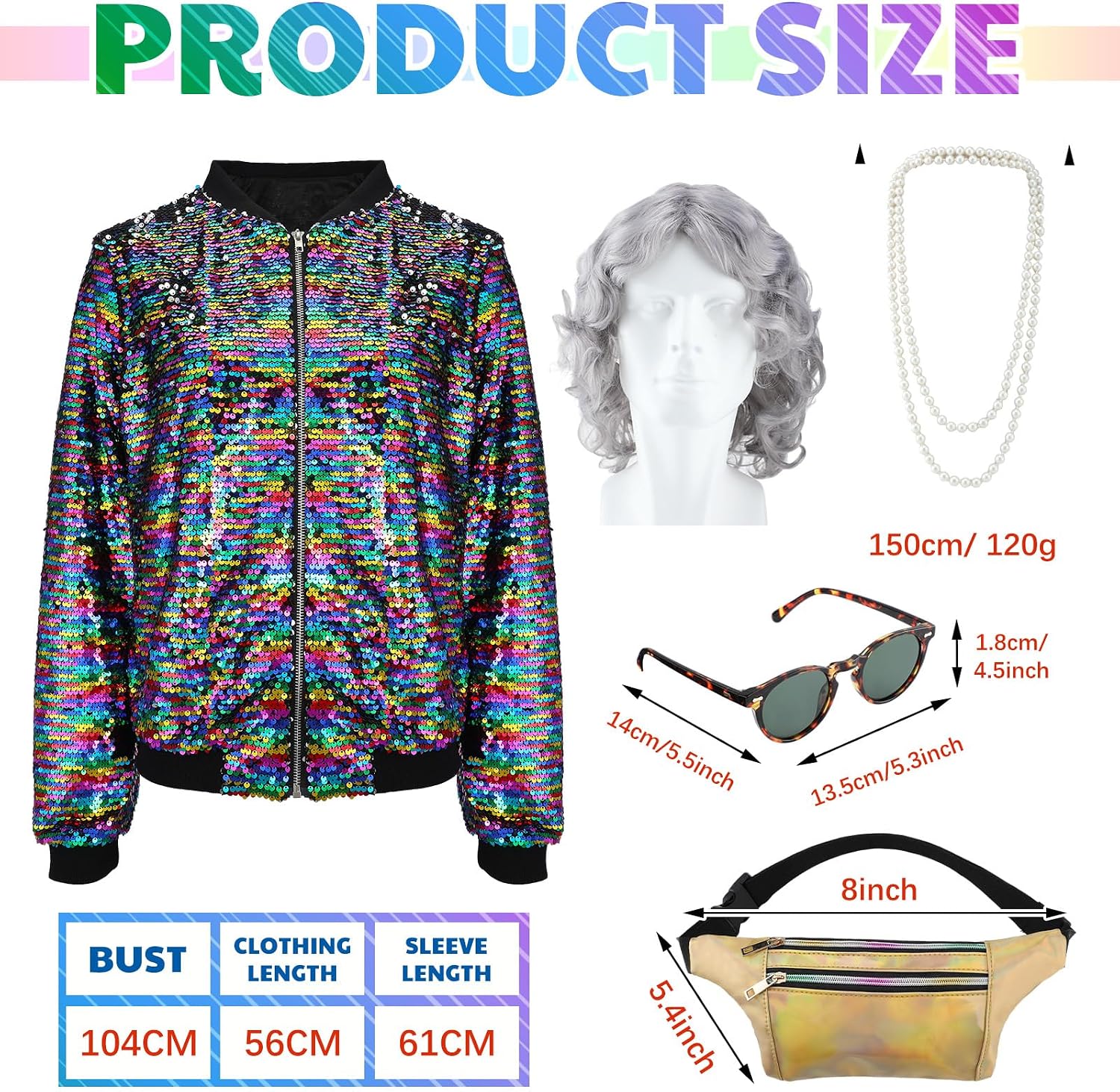 Bonuci 5 Pack Grey Old Lady Wig Granny Glasses Sequin Long Sleeve Jacket Laser Bag String of Pearl Necklace for Party Costume