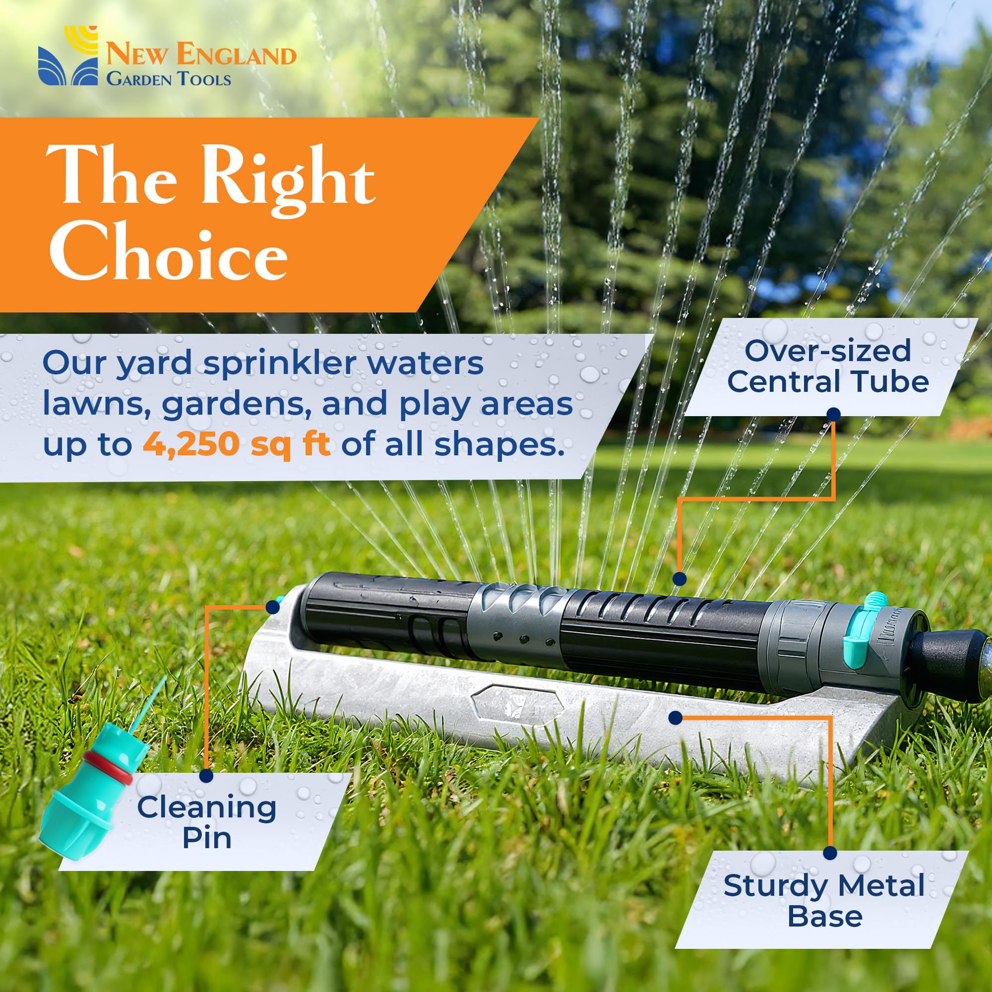 Oszillierender Sprinkler 100004, Einstellbare Sprinkler-Sprühbreite & Reichweite, 19 Präzisionsdüsen für gleichmäßige Rasenbewässerung, deckt bis zu 4.250 Quadratfuß ab, langlebiger Turbo-Motor, von