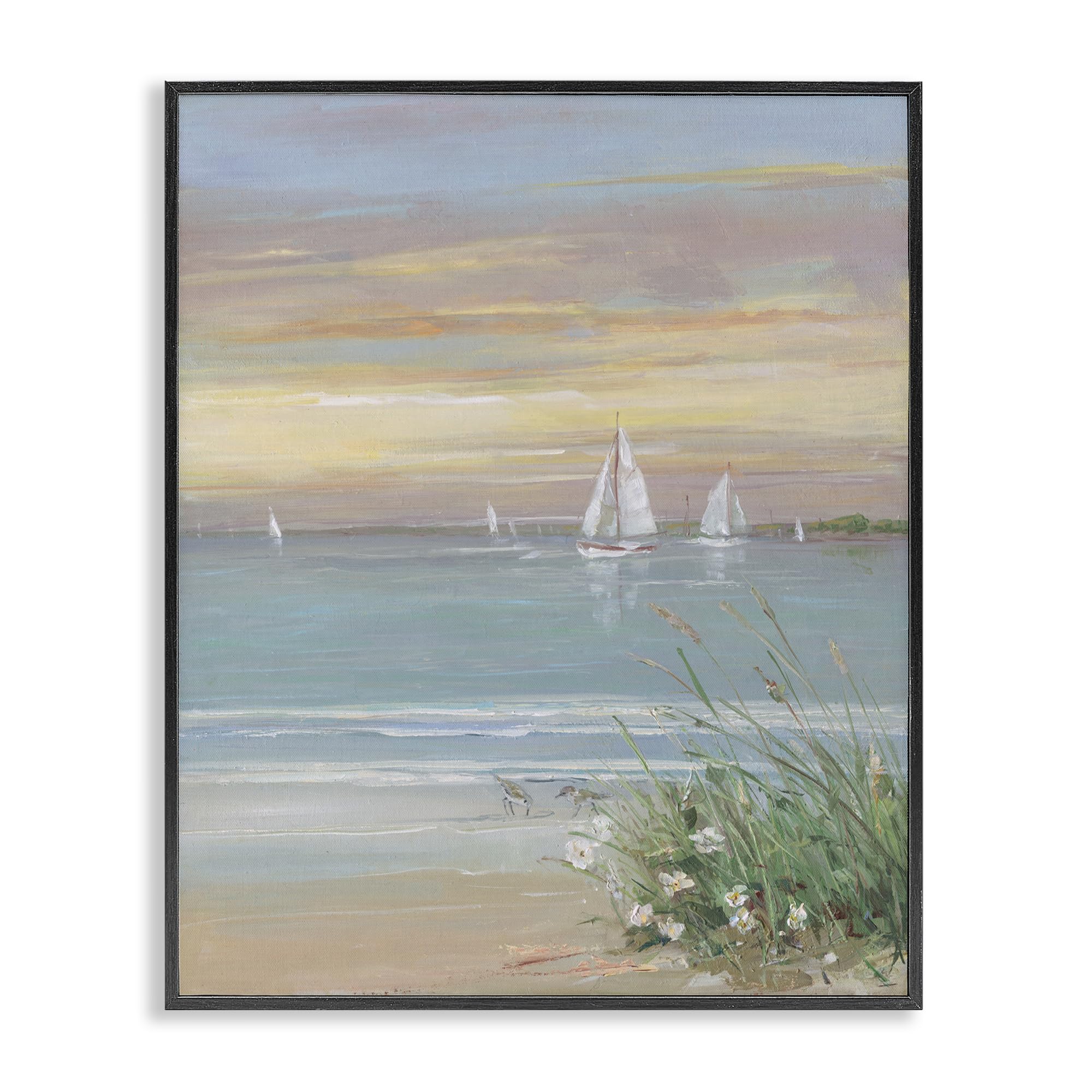 Stupell Industries Midnight Black (Textured) Nautical Sailboats Sandy Shore Seascape, 16 X 20 Inch Framed Giclée Print