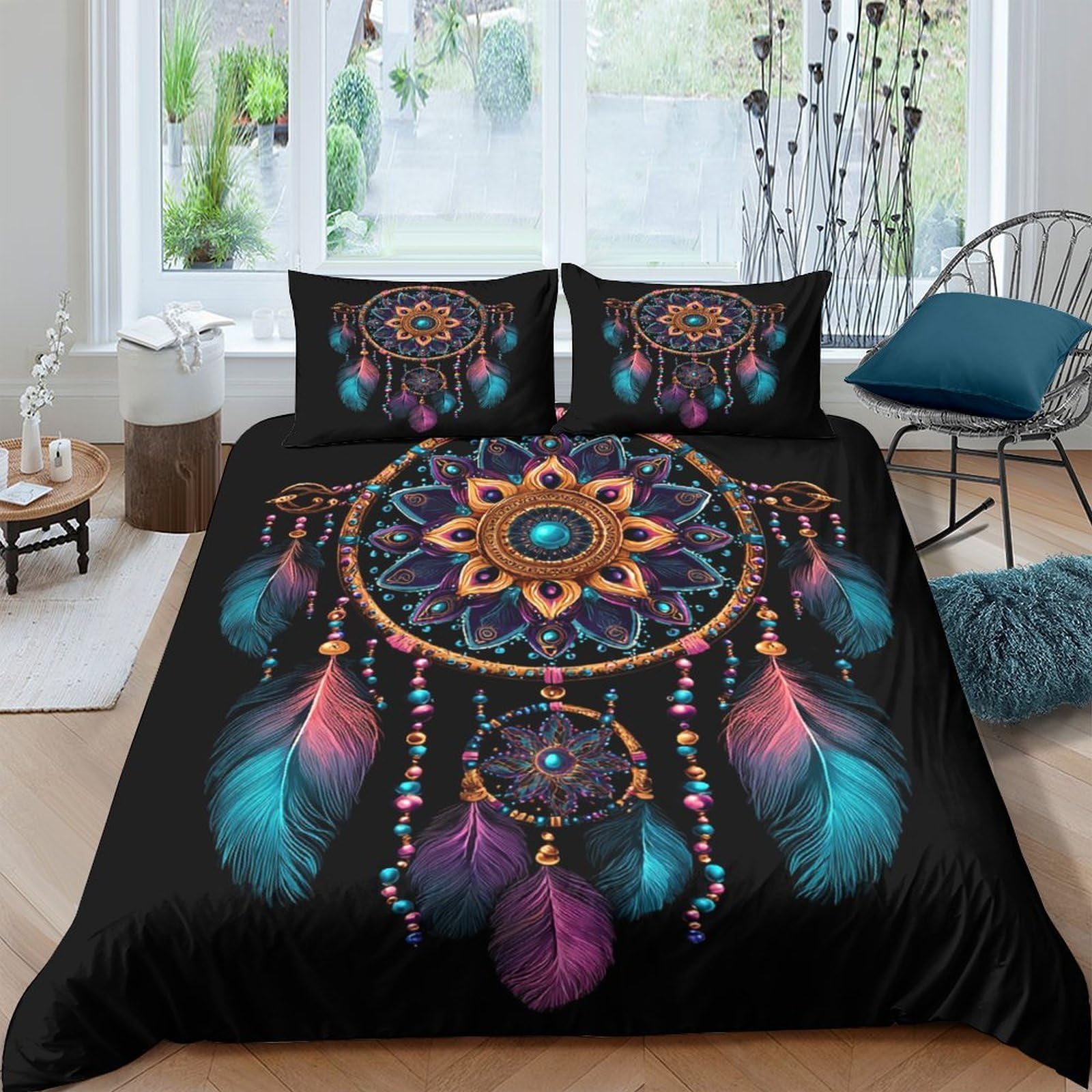 Ctjqhvkz Style-8 3D Printed Dreamcatcher Fitted Sheet Microfiber Black Boho Feather Bed Cover For Bedroom Dorm Mattress Decor Single（135X200cm）