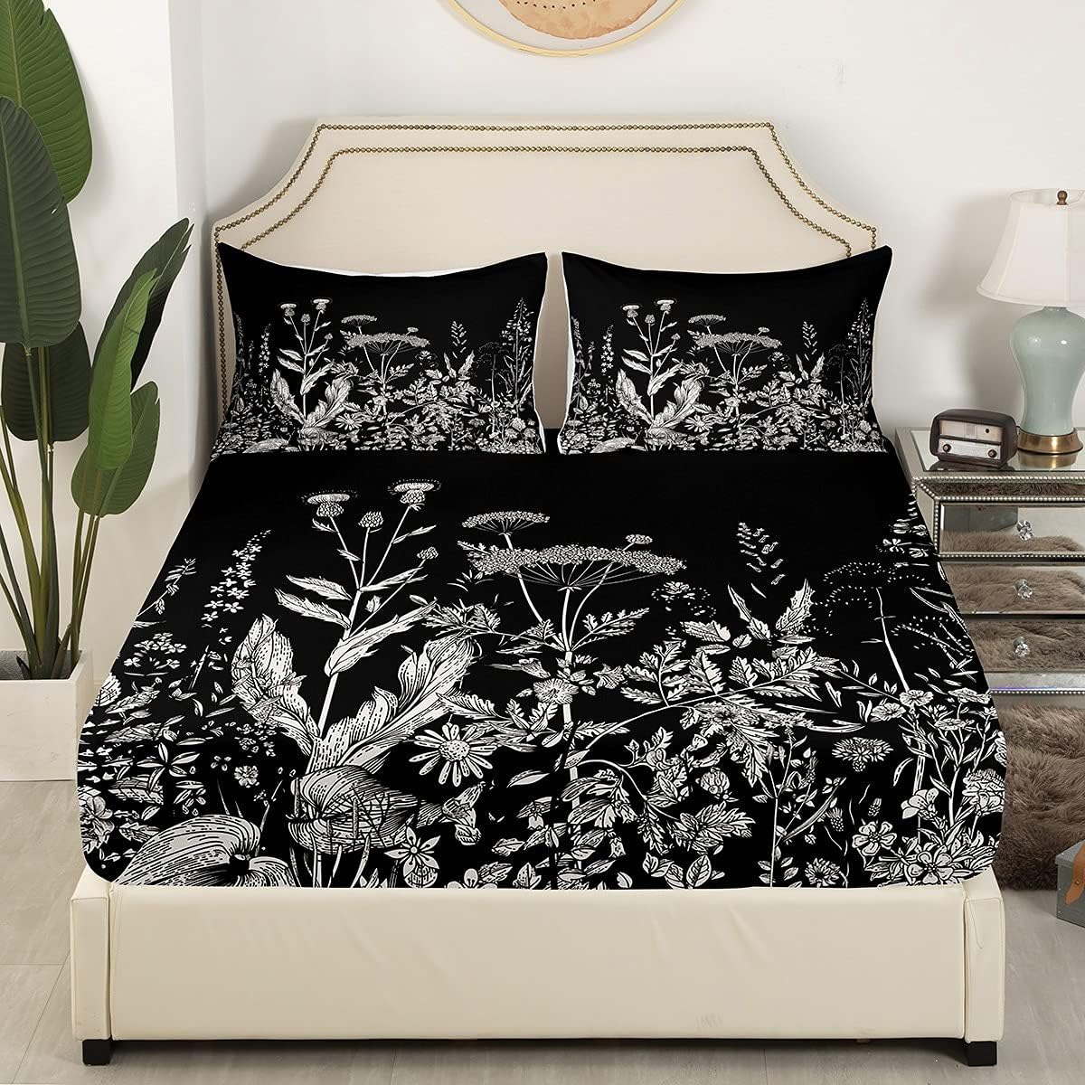 jejeloiu Black Floral Bed Sheet Set Botanical Sheets Wild Flowers Bedding Set Farmhouse Sheet Set 1 Flat Sheet & 1 Fitted Sheet with 2 Pillowcases Queen