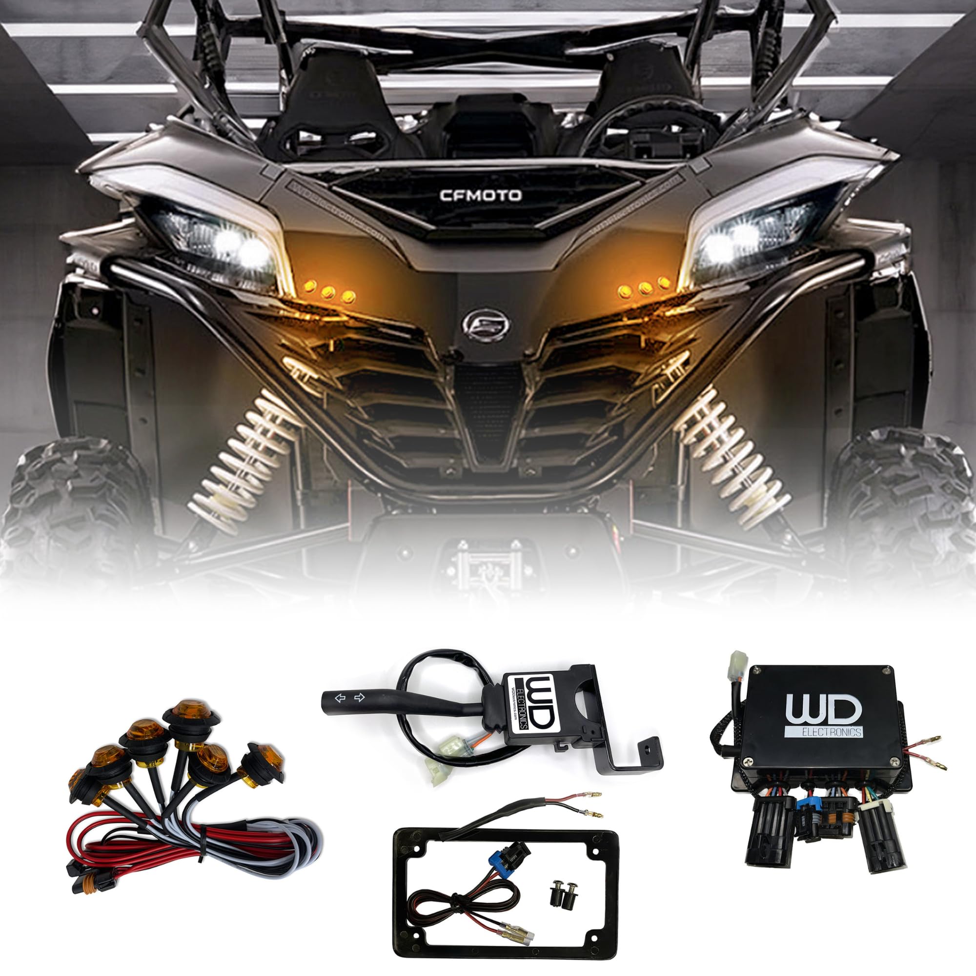 WD Electronics Amber LED Integrated Street Legal Turn Signal Kit, 6 Round 3/4 Inch LEDs, Compatible with CFMoto ZFORCE 950 H.O Model, with Switch