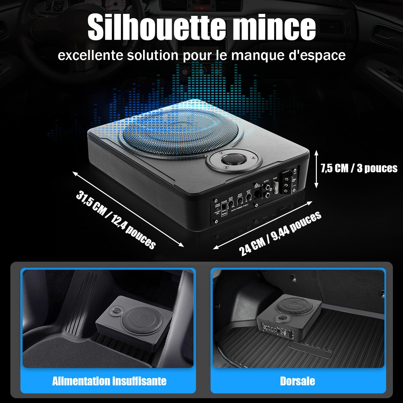 Subwoofer samochodowy 300 W, z 5 pasujących kabli przyłączeniowych, 31,5 x 24 x 7,5 cm, aktywny subwoofer do montażu w różnych modelach pojazdów, takich jak samochody osobowe, ciężarowe lub