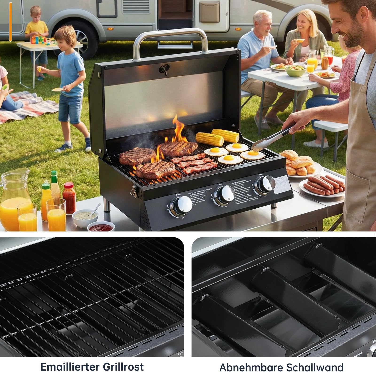 TLSUNNY 3 Brenner Gasgrill Klein, Kompakt Tischgasgrill mit Emaillierter Grillrost, Thermometer, Camping Gasgrill Tragbarer für BBQ, Balkon, Garten, 6.6kW, 60 x 33 cm Grillfläche, 4PCS Füße, Schwarz