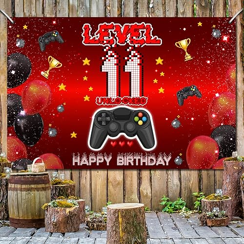Miniatura 5 de Pancarta de fondo desbloqueada de nivel 11, decoración de videojuegos en feliz cumpleaños 11 para niños, rojo y negro de 11 años de edad, tema de