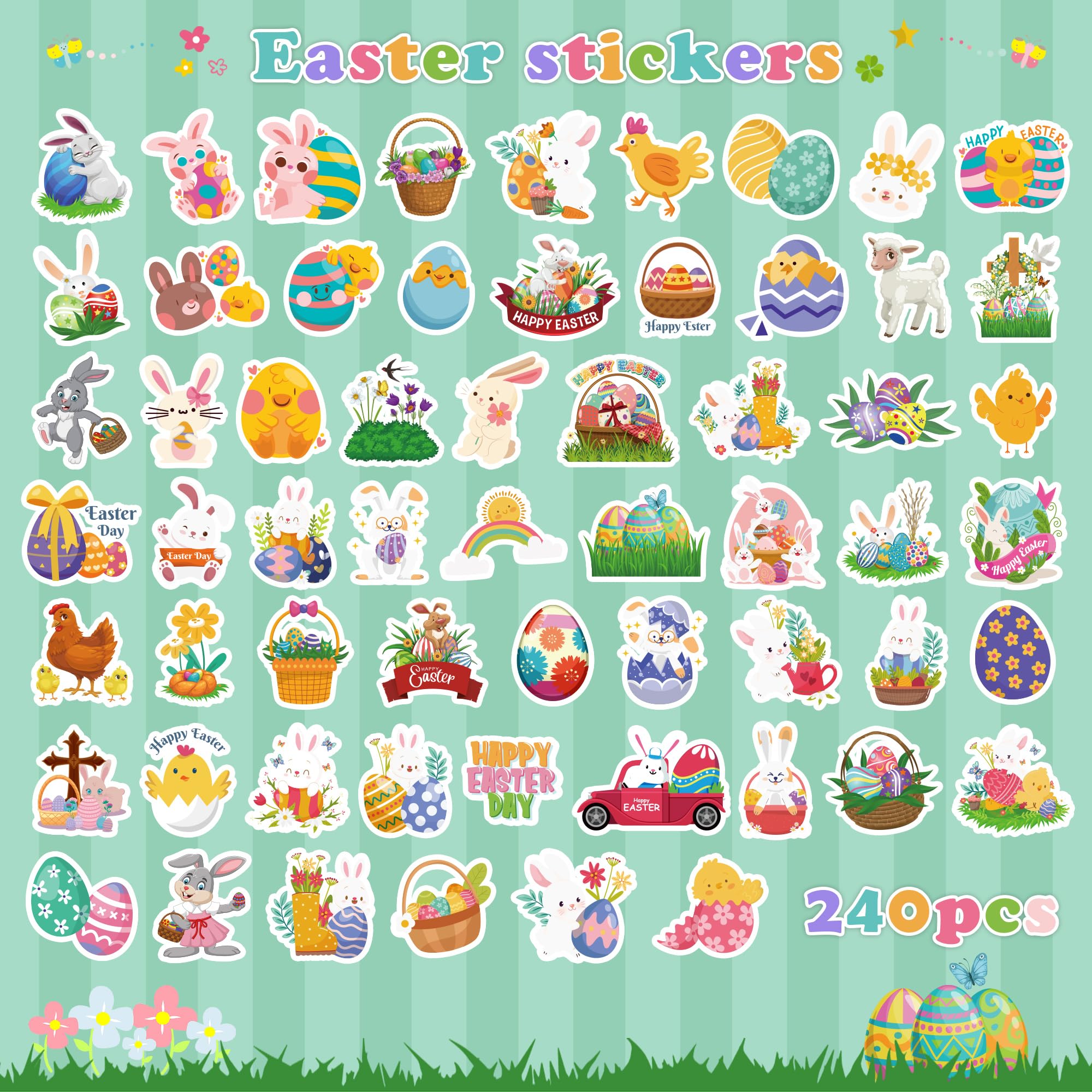 OHOME Easter Stickers for Kids - 240 PCS Easter Basket Stuffers for Boys Girls Teens Adults | Vinyl Egg Bunny Gifts Decorations Toys - Kids Easter Games Crafts Activities Party Favors