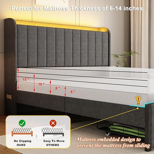 Miniatura 7 de Base de cama tamaño queen con cabecera de almacenamiento y 2 cajones, base de cama tapizada con luces LED y práctica estación de carga, no necesita