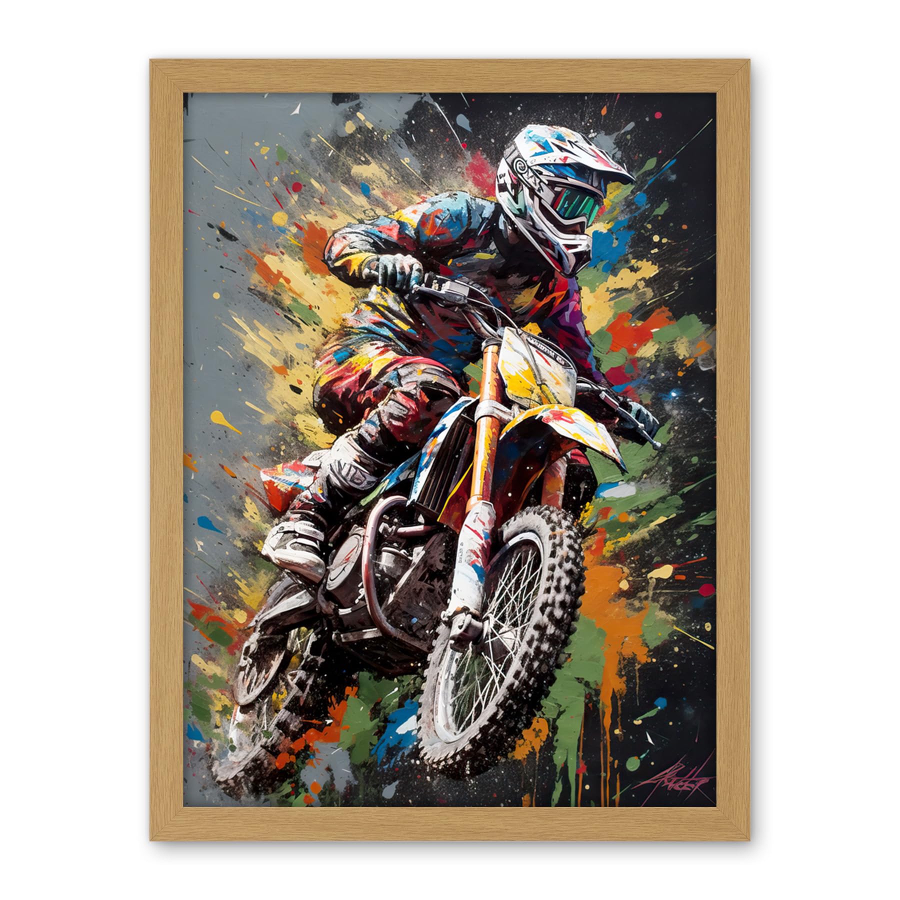 Artery8 Dirt Bike Sport Splatter Paint Motocross Rider Artwork Framed Wall Art Print 18X24 Inch
