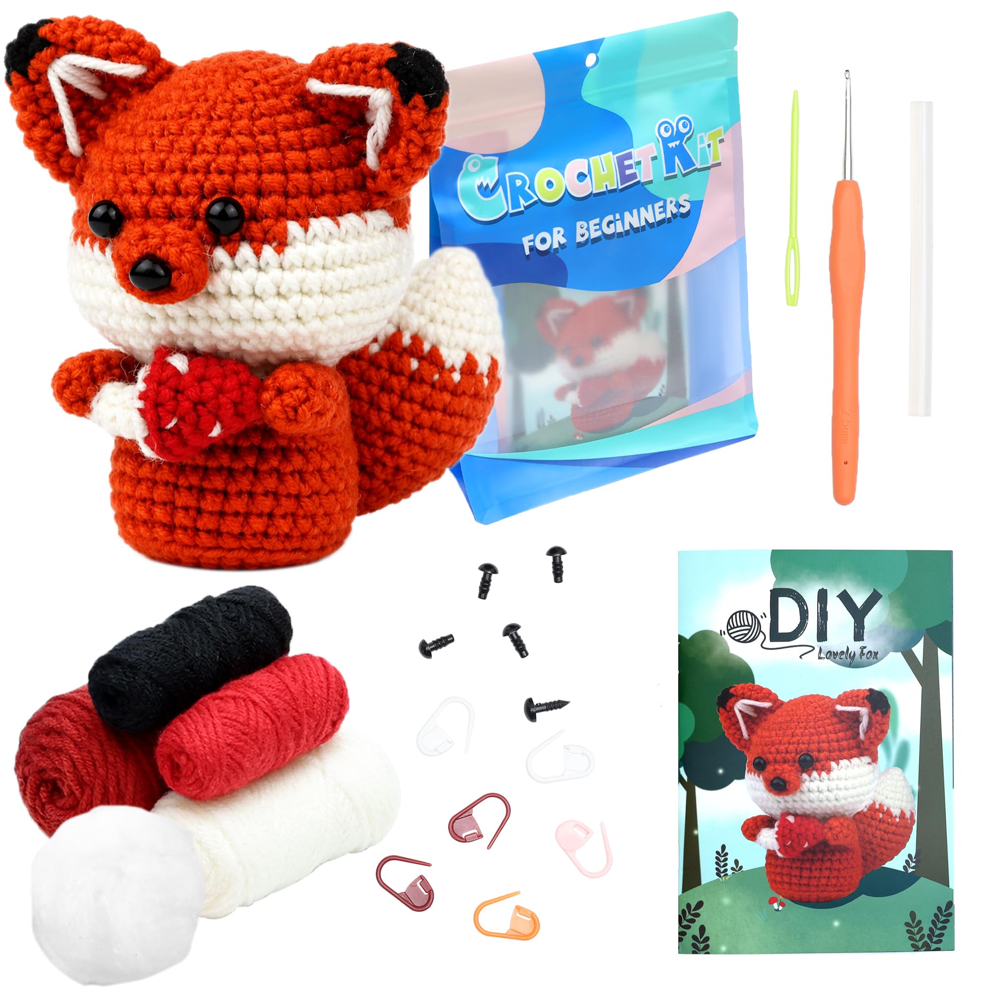 picknMAKE Fox Crochet Kit for Beginners Adults & Kids DIY Amigurumi Crochet Starter Kit with Yarn Crochet Hook Poly Fill Stitch Markers Crochet Tool Kit-image-49