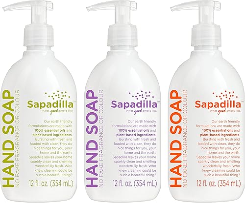 Sapadilla Jabón líquido para manos, variedad de tres aromas, fabricado con mezclas de aceites esenciales 100% puros, limpiador e hidratante, jabón