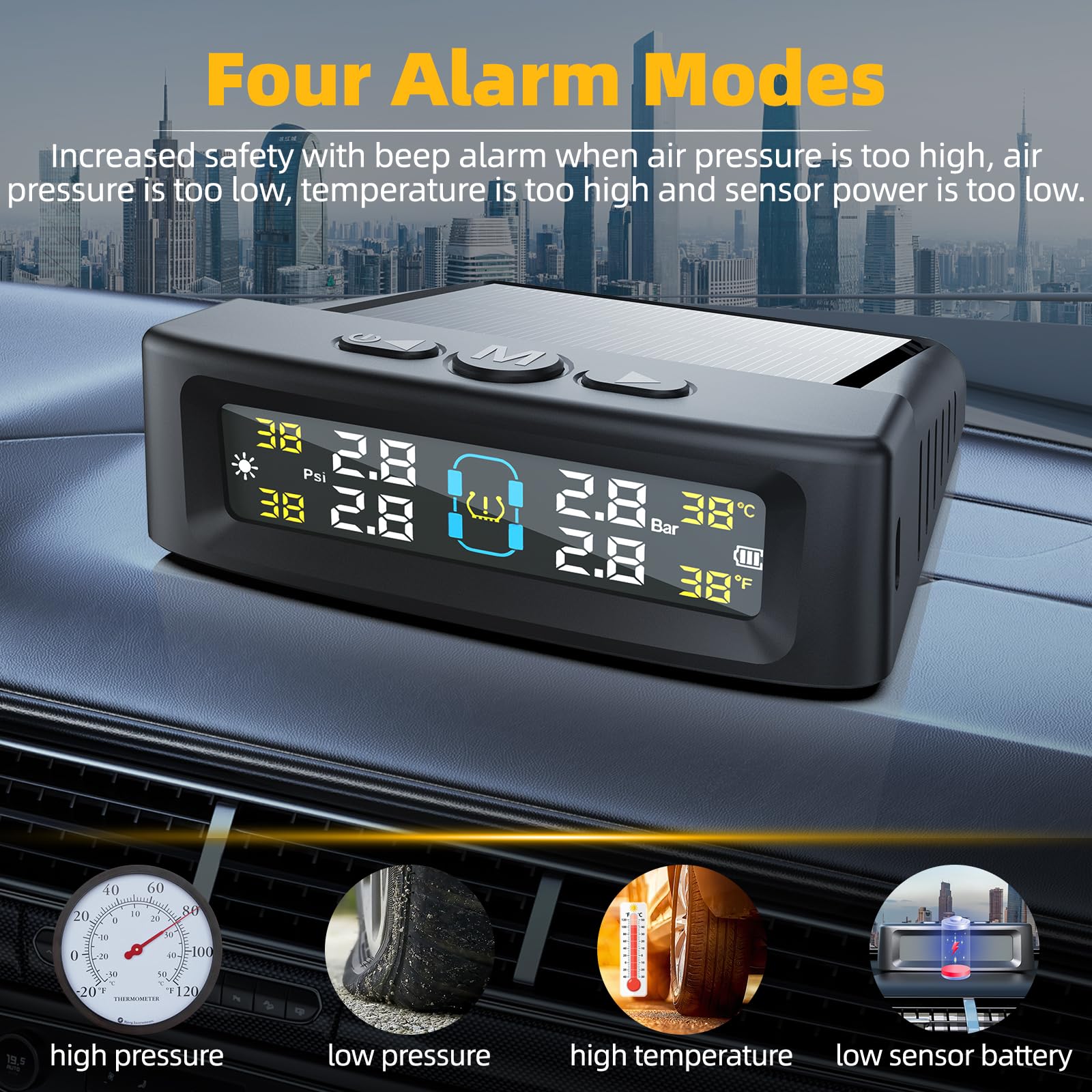 0-5bar Sistema di Sensori di Monitoraggio della Pressione degli Pneumatici TPMS Monitoraggio Solare Senza Fili con 4 Gomme Sensori Esterni 4 Modalità di Allarme per Auto SUV Camper