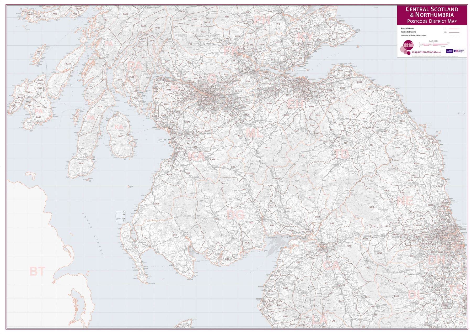 Central Scotland and Northumbria Postcode District Map (Laminated)