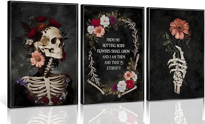 3pcs Gothic Floral Skull Canvas Wall Art Romantic Bone and Bloom Posters Flowers from Rotting Body Prints Paintings Pictures Dark Bathroom Bedroom Living Room Wall Decor Halloween Decoration Unframed