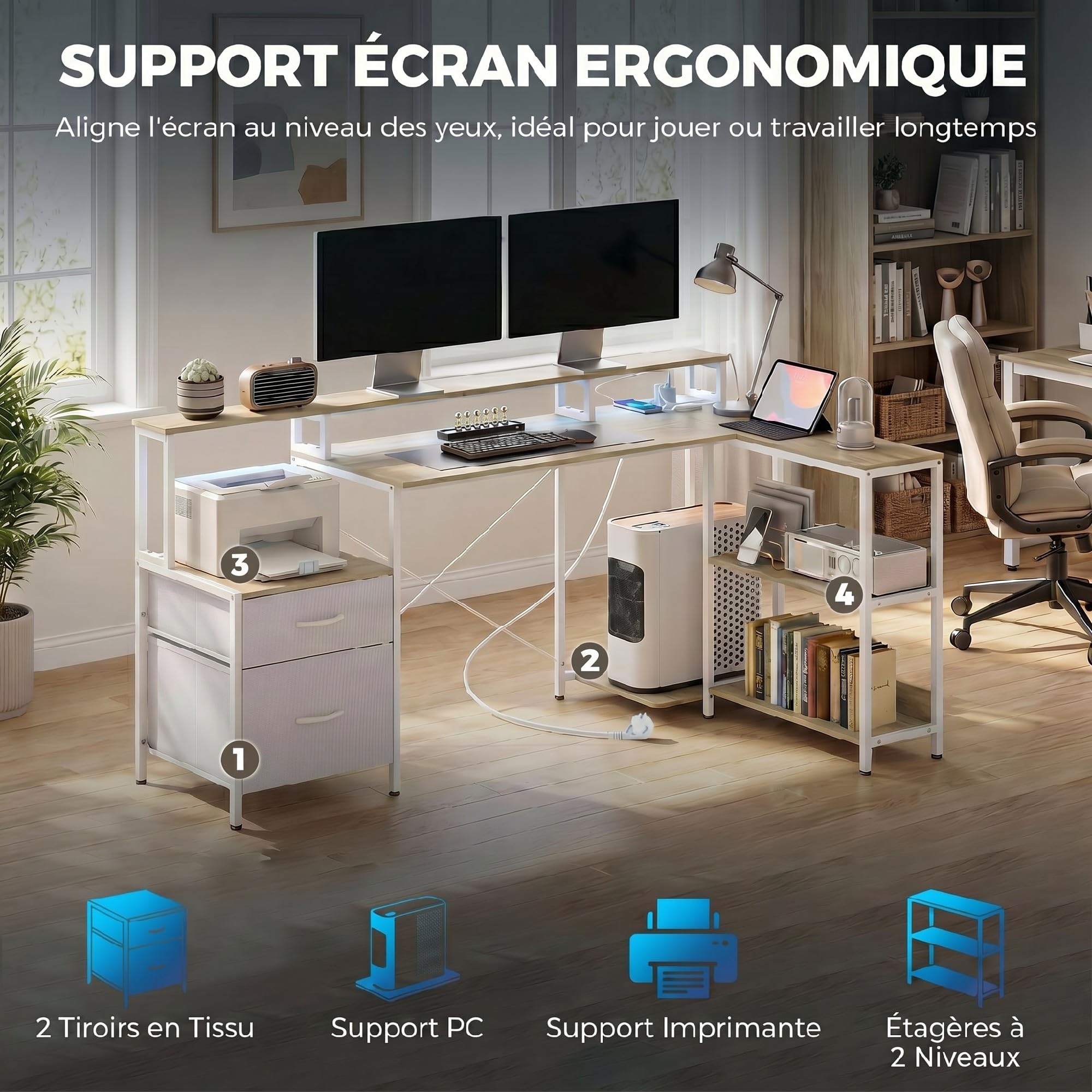 HOMCOM Bureau d'angle avec Prises et Lumières LED RGB 172x100cm Blanc