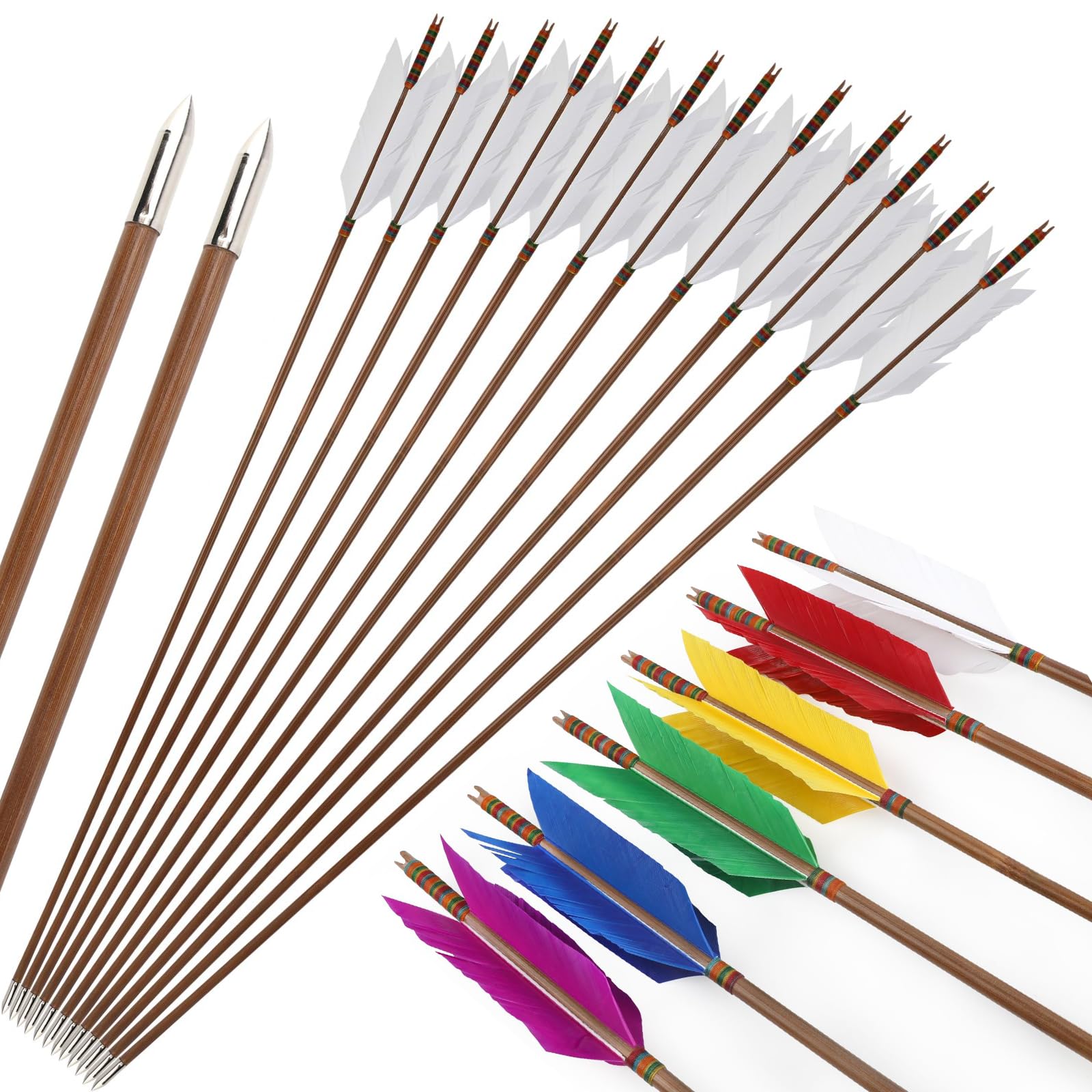 12 Flèches En Bambou Faites Main Pour Arc Recourbé Ou Longbow Plumes De Dinde Longueur 33 Pouces 873032