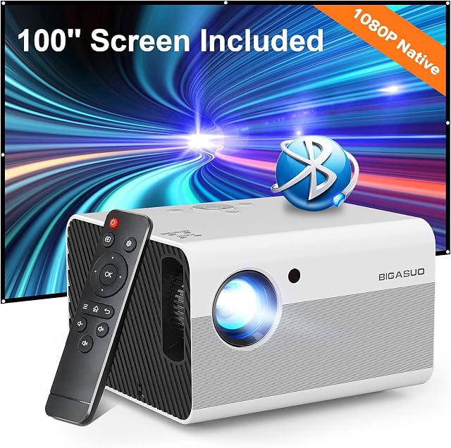 1080P HD Bluetooth Projector Support Digital Zoom, Outdoor Movie Projector with Screen, Bigasuo 8000L Mini Home Video Projector Compatible with HDMI,USB, Android/iOS Smartphone,Laptop, TV