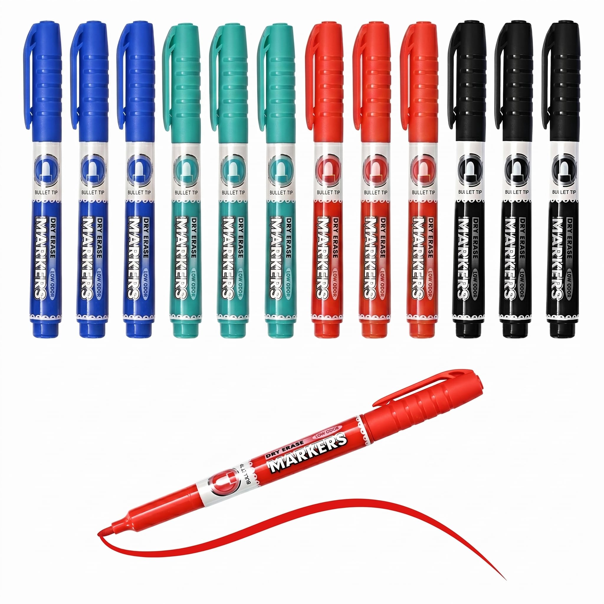 SUQJOY Whiteboard Pens 12 Pack, Medium Fine Bullet Tip Dry Wipe Pens, Low Odour Dry Erase White Board Markers with Clip, 4 Colours