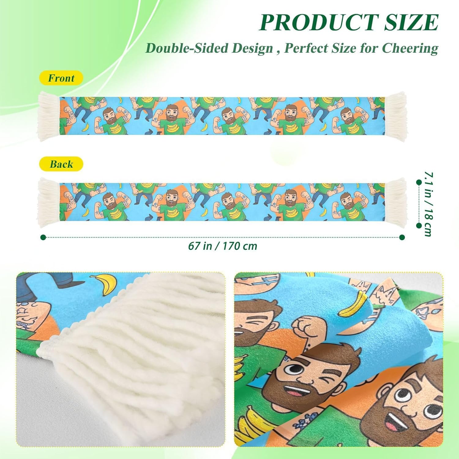 CHIFIGNO Green Yellow Bananas Sports Fan Scarf with Fringe Ends, Soft Polyester Sweat Towel Wrap for Soccer Cheering, Quick Dry Rally Accessory