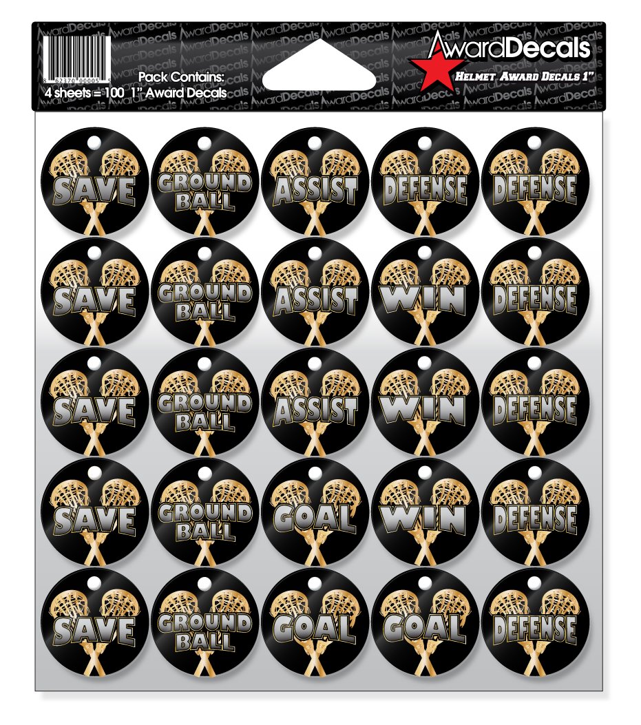 Award Decals Lacrosse Sticks Sticker Set (100 Decals) 1" The Original Award Decals Premium 20mil Thick Helmet Decals Made in The USA Since 1976