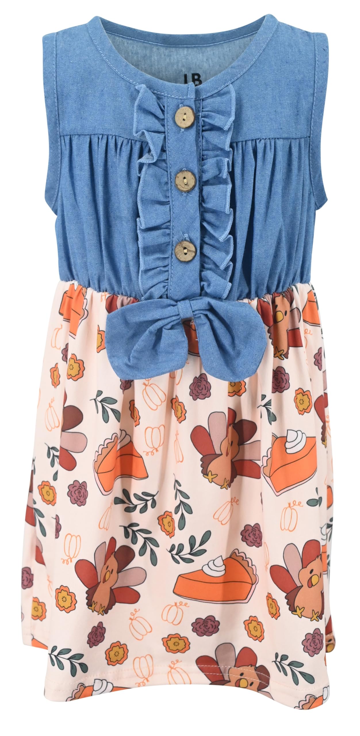 Unique Baby Girls Sleeveless Denim Dress with Knot Tie and Fun Print for Toddler and Big Kids