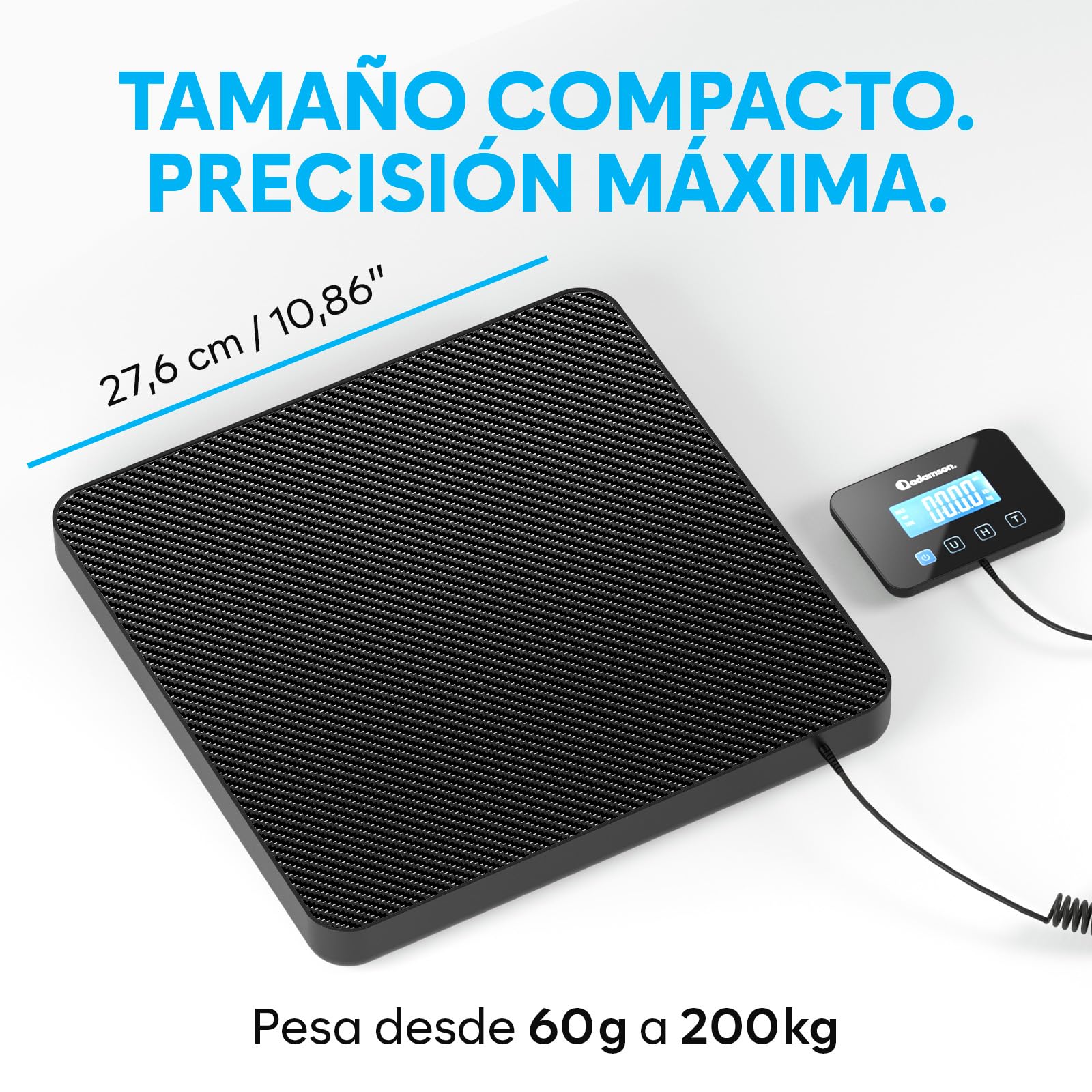 Bascula Industrial - 200 kg/10 g - Bascula Comercial de Alta precisión con Función de Retención/Tara - Perfecta para Paquetes, Equipaje, Uso Profesional - Batería y cable incluidos - Alfombra Negra