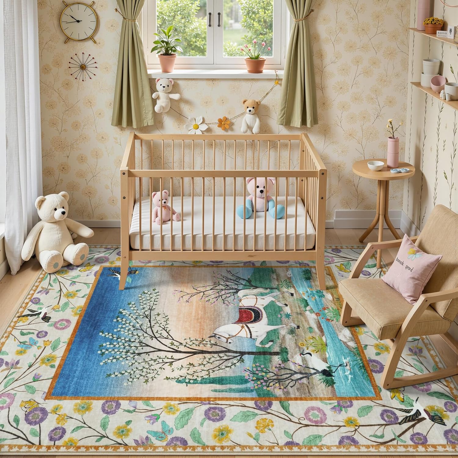 LIVEBOX Washable Rug for Living Room, 5x7 Horse Forest Floral Area Rug for Bedroom, Soft Non-Slip Woodland Beige Rugs for Dining Room Playroom Nursery Home Decor (Beige,5x7)