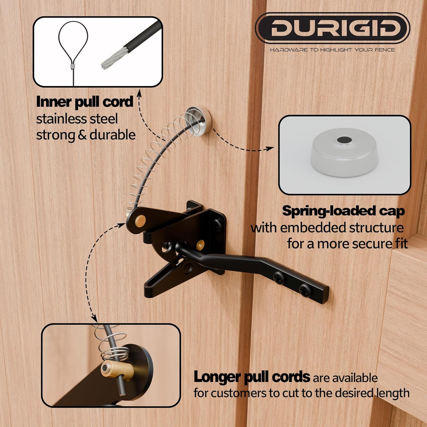 Spring Loaded Gate Latch Pull String Fence Gate Latch, Fingertip Release Self Latching Gate Latches, Small Gate Latch for Wooden Fence, Vinyl Door, Aluminum Gate, 2 Pack, Black