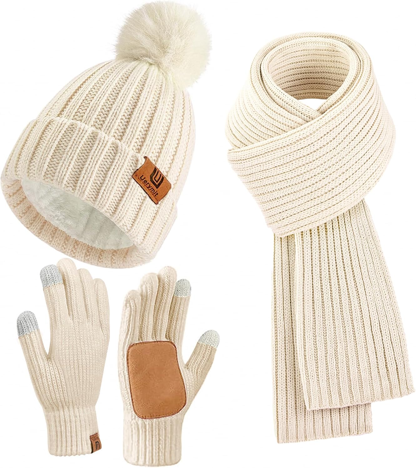 Womens Winter Beanie Hat Scarf Gloves Set Warm Knit Beanie with Pom Pom Long Scarf Neck Warmer Touchscreen Gloves