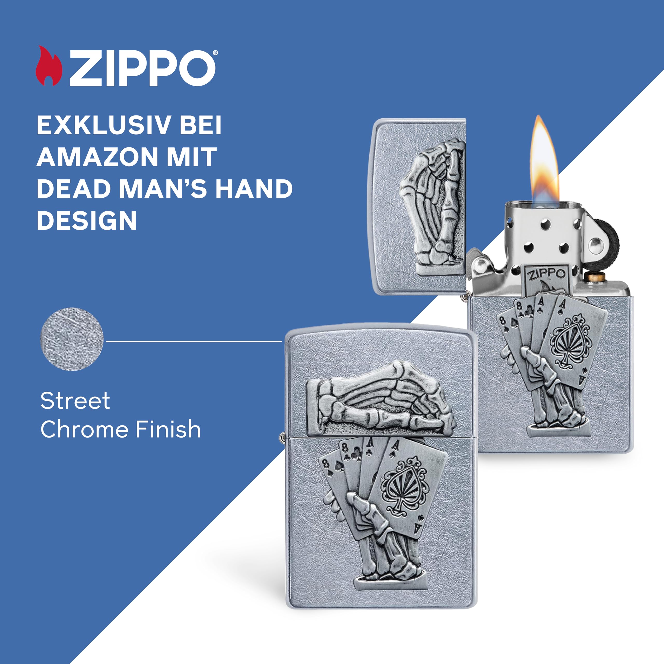 Zippo Sturmfeuerzeug - Dead Mans Hand - Street Chrome Finish mit Emblem - Nachfüllbar - Wiederverwendbar - Windfestes Design - Geschenkbox - Made in USA