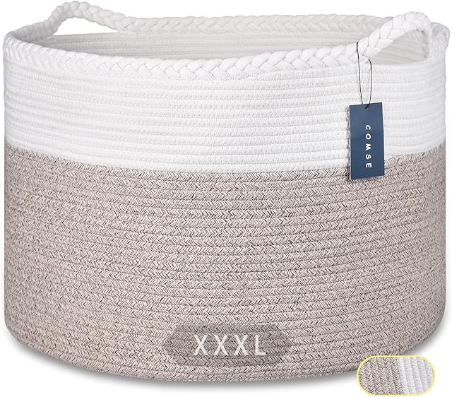 COMSE Extra Large Blanket Basket, Storage Basket, Rope Laundry Basket, 55 x 35 CM, Cotton Rope Basket, XXXL Laundry Basket, Toy Basket, Woven Basket, Clothes Baskets, White/Light Brown