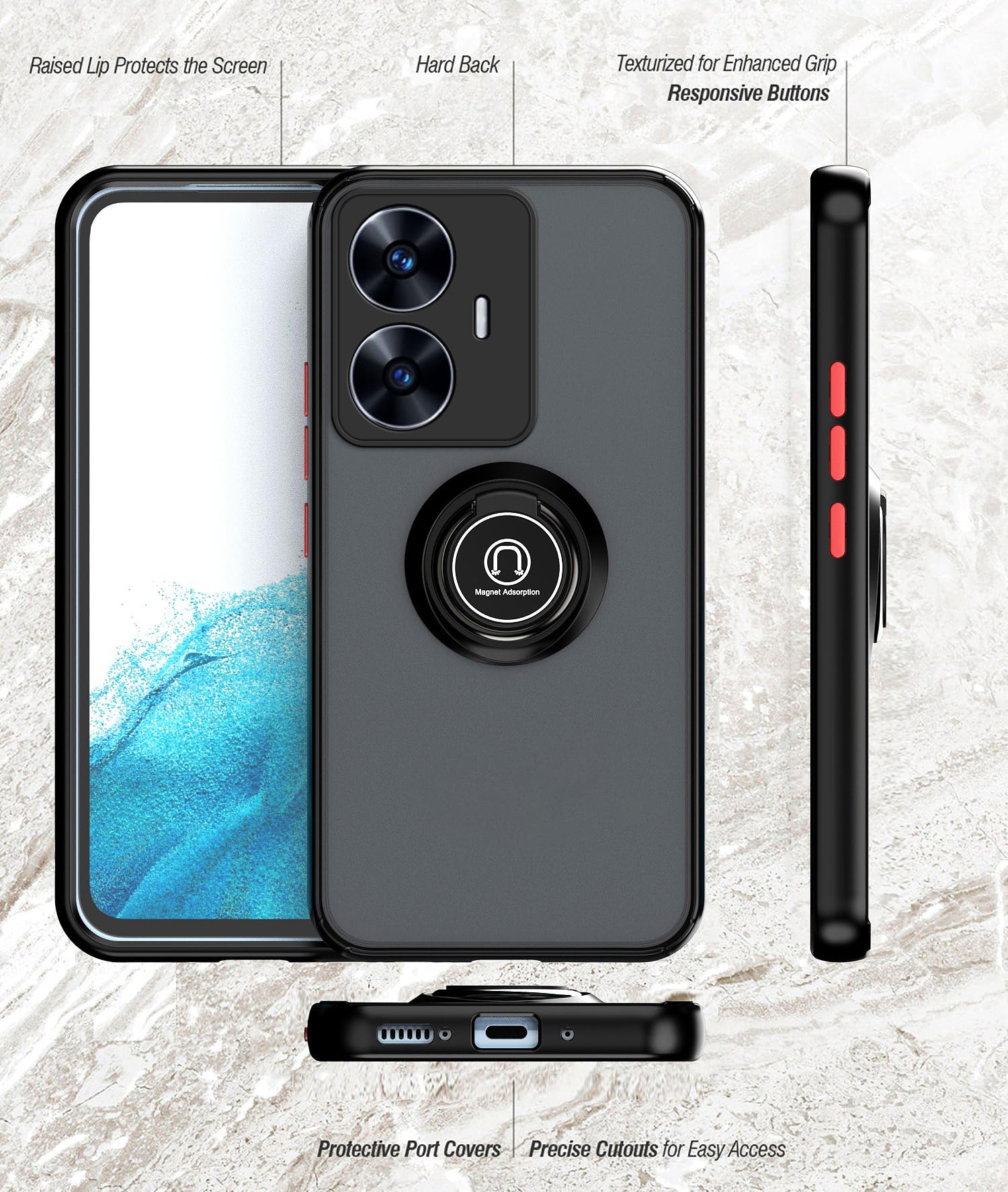 XINYEXIN Cover Per Realme C55 Con Supporto Anello 360° - Custodia Traslucida Antiurto, Bumper In PC+TPU, Blu Reale, Compatibile Con Supporto Magnetico Auto