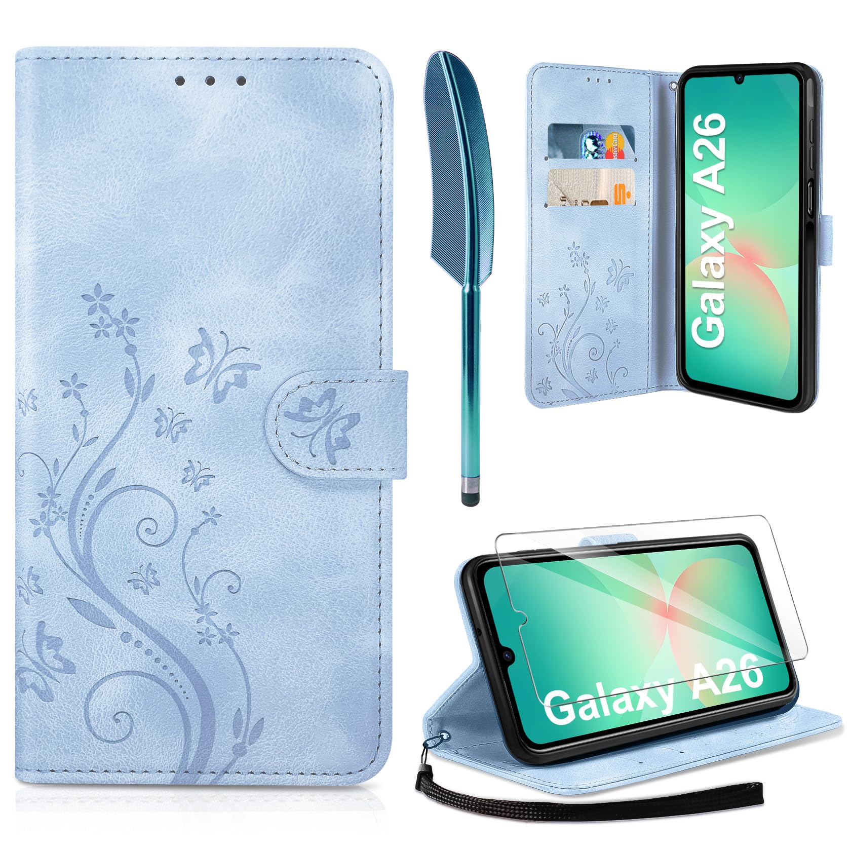 AROYI Lederhülle Kompatibel mit Samsung Galaxy A26 5G (Nicht für A17/A25 5G) Hülle und Schutzfolie,Wallet Handyhülle Leder Tasche Schutzhülle Kompatibel mit Samsung Galaxy A26 5G Nebliges Blau