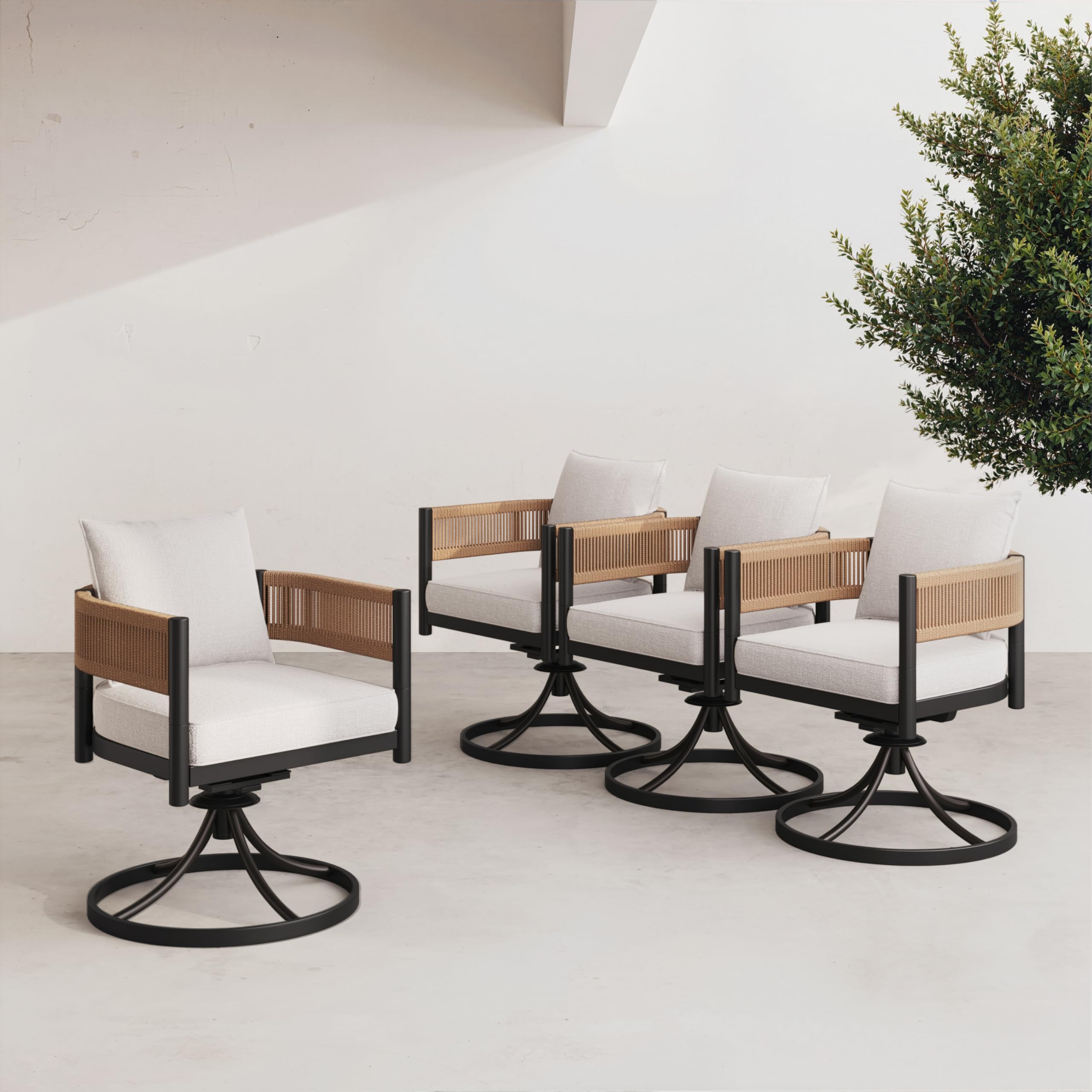 Grand patio Outdoor Dining Chairs Set of 4, 4 Pieces Patio Dining Chairs, Metal Woven Wicker Swivel Patio Chairs with Light Beige Cushions for