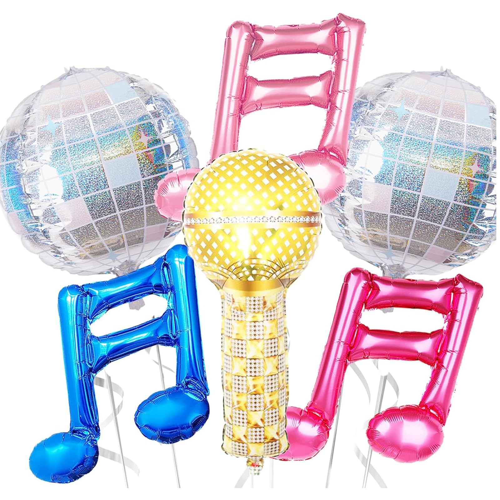 6 Blue, Gold, Red Music Note & Disco Balloons for Disco Party | Premium aluminium foil material, includes gold microphone balloon, self-sealing valves, for adult disco party decoration