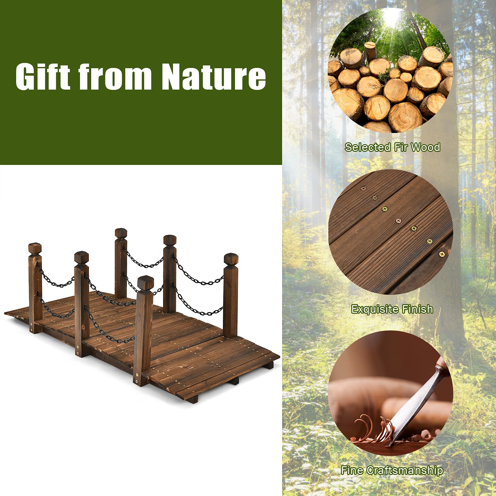 RELAX4LIFE Gartenbrücke mit Geländer & Ketten, Teichbrücke aus Massivholz, Holzbrücke mit Belastbarkeit bis zu 180 kg, 150 x 67 x 55 cm, Dekobrücke für Bauernhof Garten Teich (Dunkelbraun)