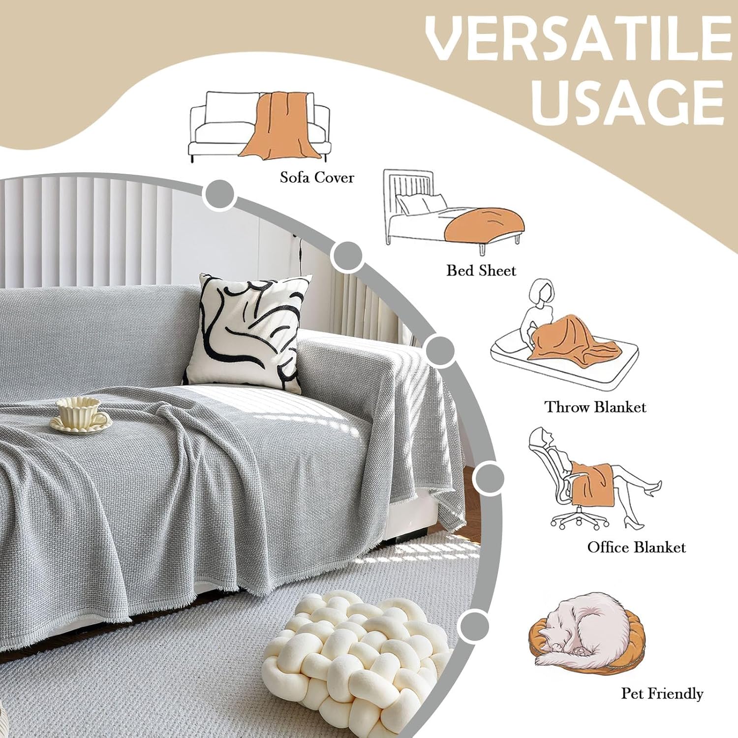 HANDONTIME Grey Modern Sofa Covers Corduroy Jacquard Couch Cover Blanket Gray Couch Cover for Kids Living Room Chenille Couch Covers for Sectional Sofa L Shape Soft Couch Covers for Sofa, 71" X134"