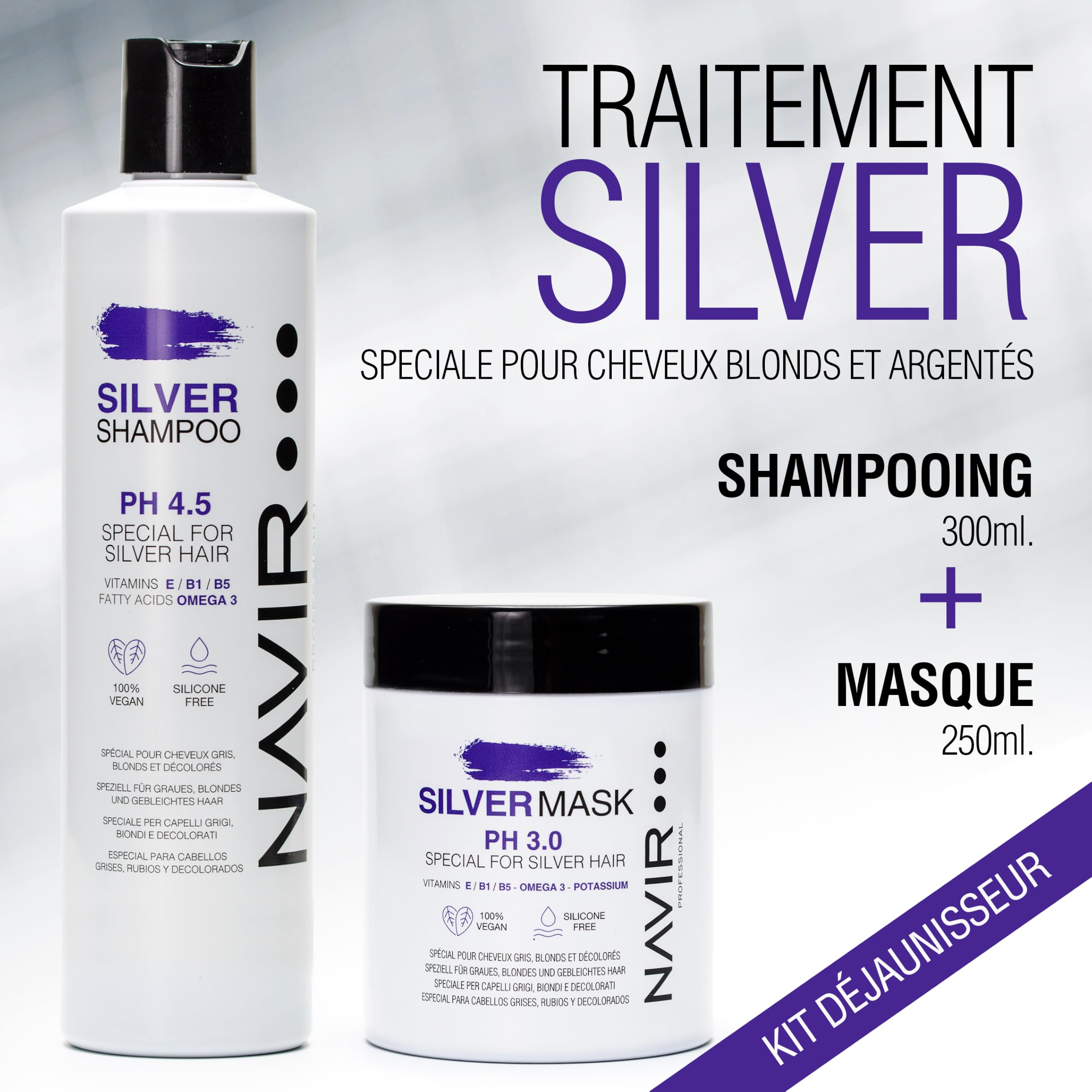 NAVIR Silver Traitement déjaunisseur professionnel pour cheveux blonds, décolorés, méchés, blancs et gris | Shampooing 300 ml + Masque 250 ml